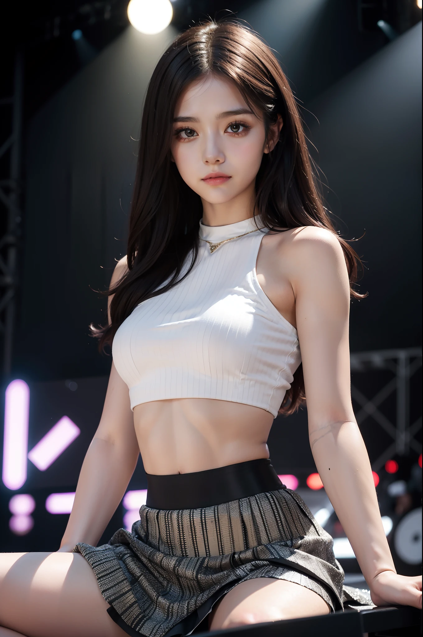 idol, idol clothes, skirt, crop top, slightly smiling, woman, goergous face, perfect face, detailed face and eyes, perfect body, (brunette), (siting on the edge of the stage), reflector lights, detailed background, ultra high quality 8k, masterpiece