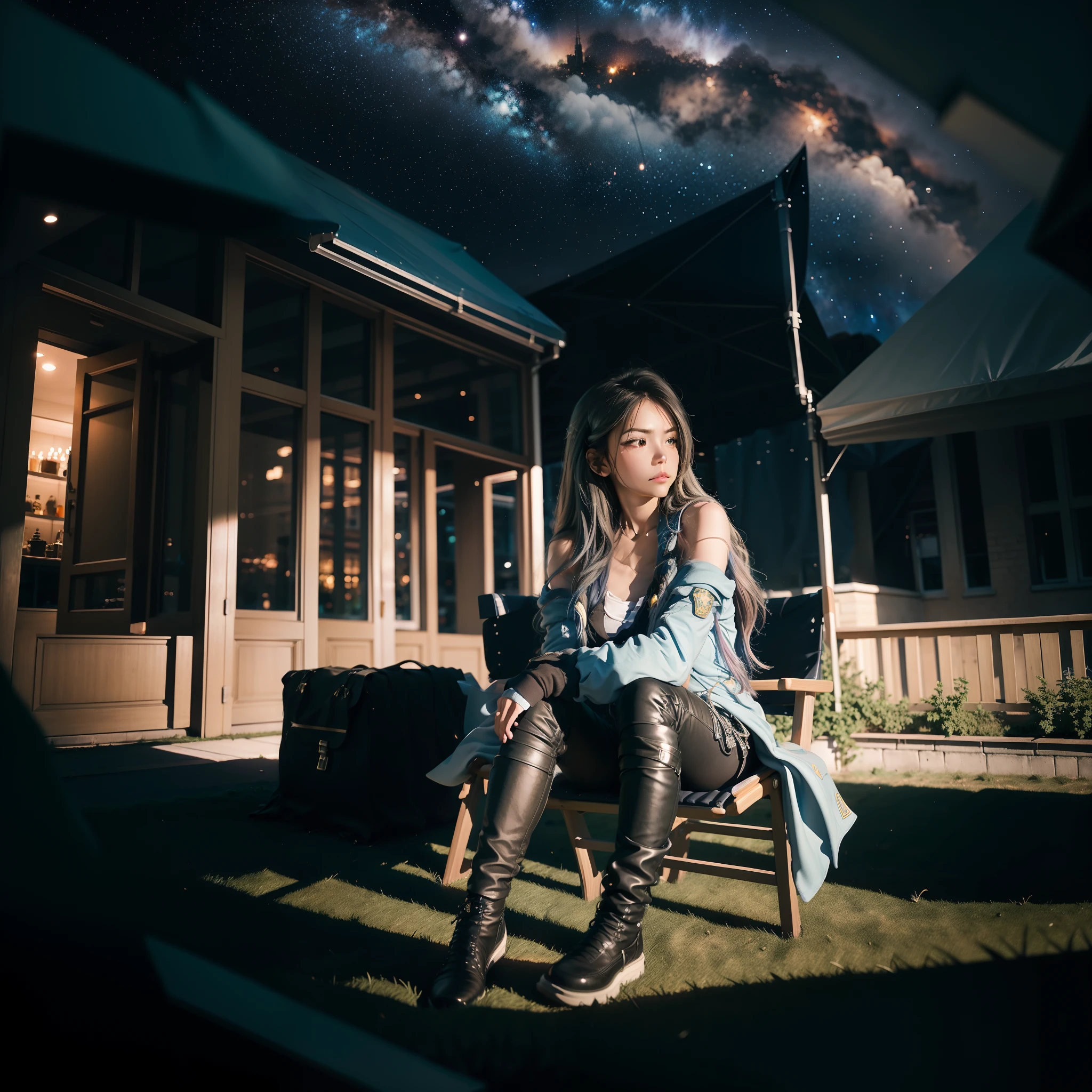 octane, sky, stars (sky), landscape, starry sky, night, 1 girl, night sky, solo, outdoor, building, cloud, milky way, sitting, tree, long hair, city, silhouette, cityscape