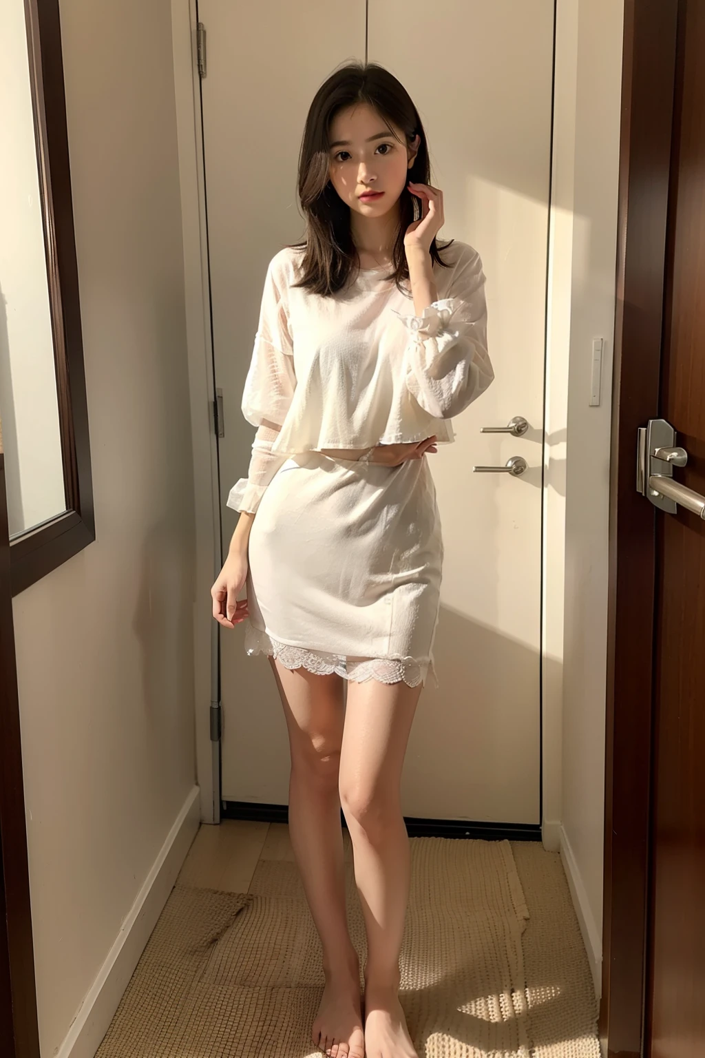 1girll,underdressing,standing on your feet,hands crossed