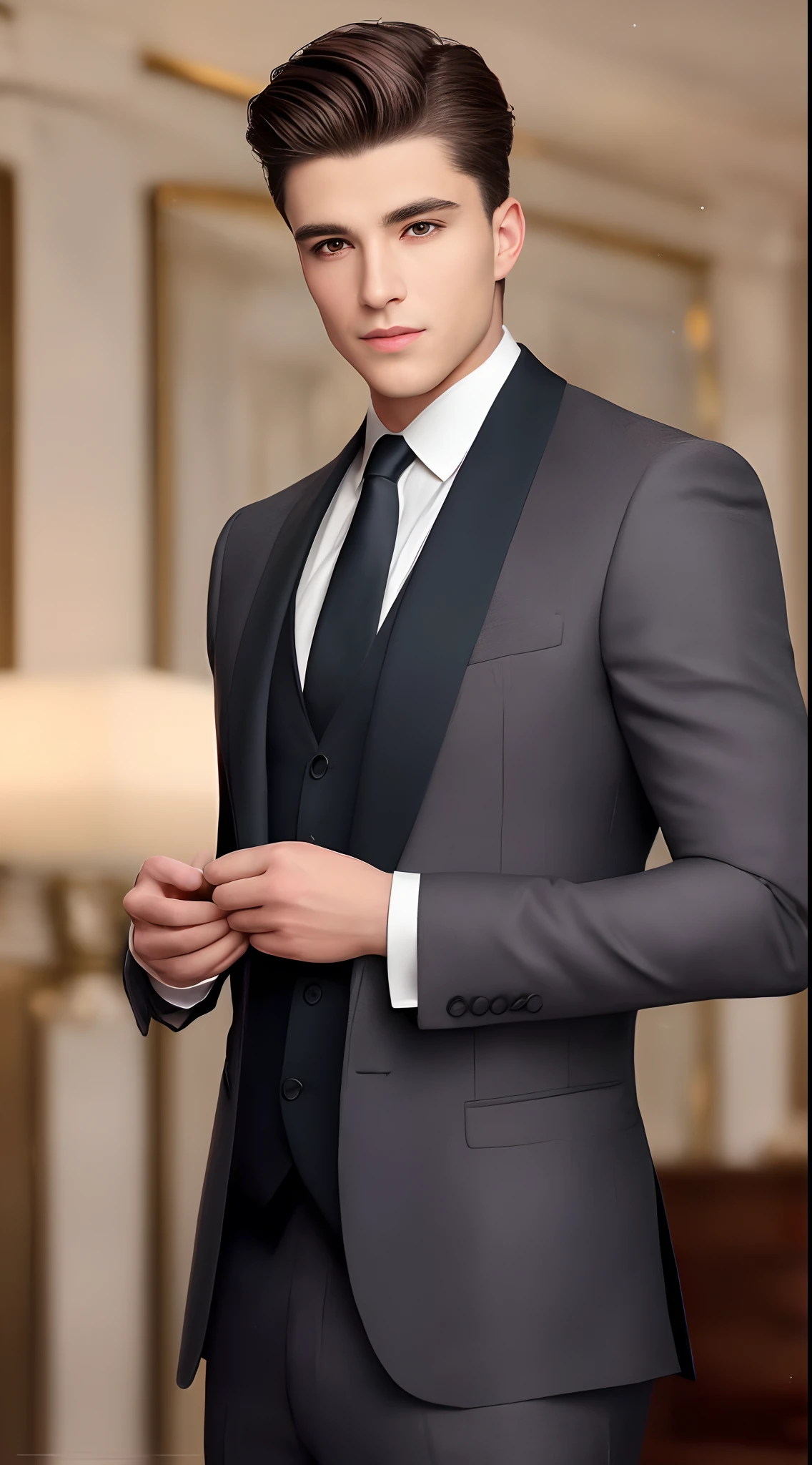 "An image of a handsome man in an elegant suit with neatly groomed hair. This man has a firm yet friendly face, with a strong jawline and sharp eyes that radiate intelligence. His hair is neatly combed and perfectly arranged, giving an impression of tidiness and attention to detail. The suit he is wearing has a flawless cut that fits his body, adding a touch of professionalism and class. The background of the picture can be chosen according to your preference, perhaps indoors with a business ambiance or outdoors with a majestic cityscape. Good lighting will help highlight the details of the suit and the expression on his face, creating an elegant and impressive image."