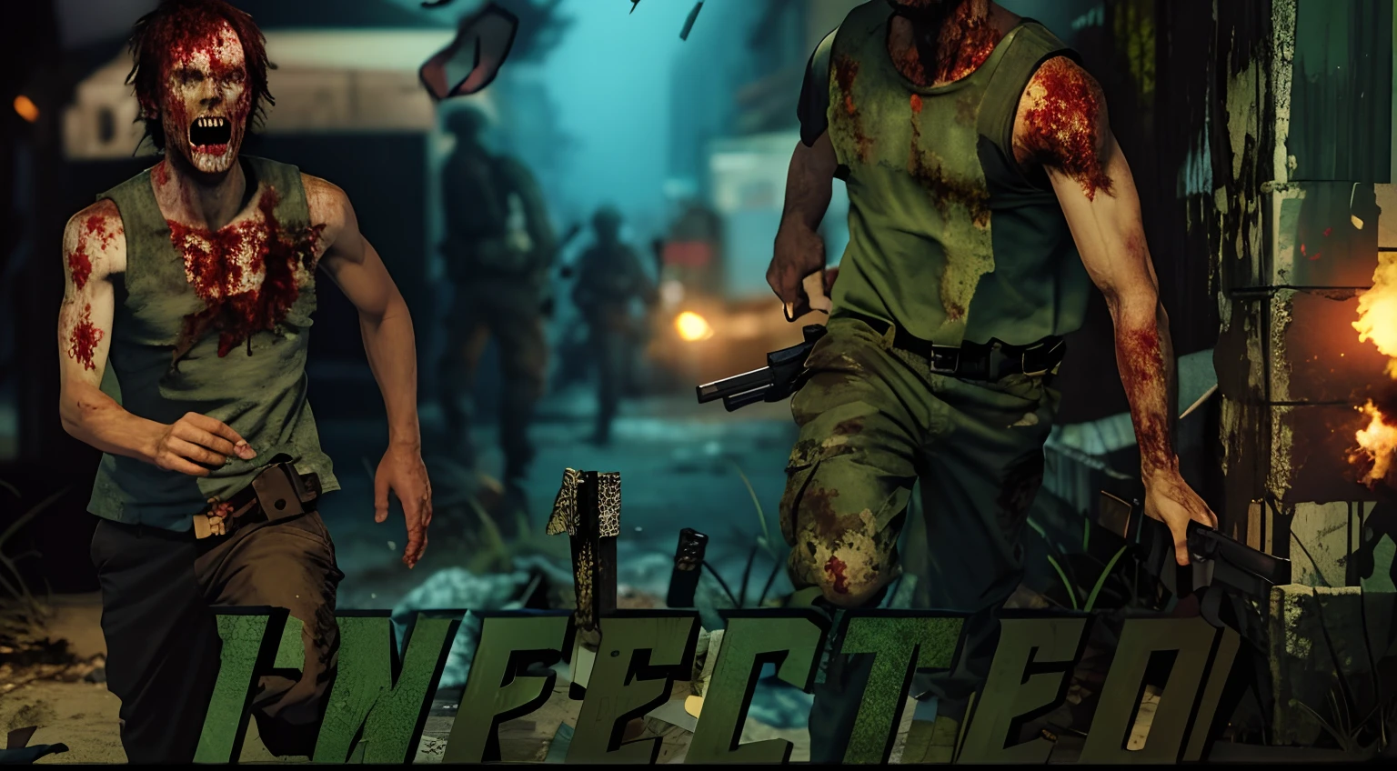 There is 1 zombie chasing 1 human survivor,The human survivor is a heavily armed soldier, The soldiers ran in fear, the night,In a dark tunnel, scare,The cover of the game,Run along,While looking at the zombies in the back,There is a pistol in hand aimed at the zombie,Zombies are in hot pursuit,The camera is directed at the soldier,binh,zombi,The zombie's mouth is open,Zombies look at soldiers