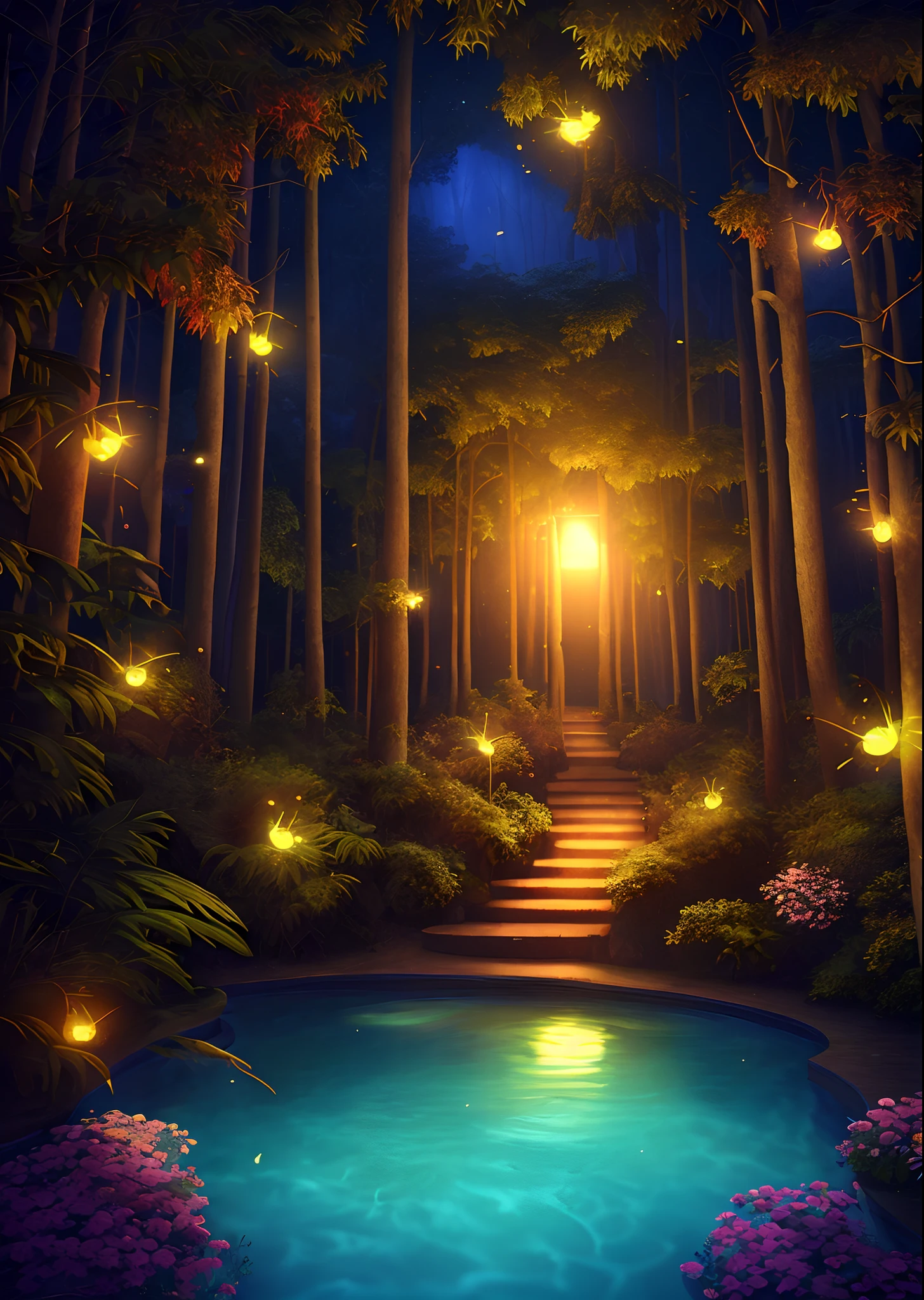 Masterpiece, best quality, (very detailed CG unity 8k wallpaper), (best quality), (best illustration), (best shadows), glow sprite, with a glowing deer, in the swimming pool Drinking water with electric fishes, natural elements in the forest theme. Mysterious forest, beautiful forest, nature, surrounded by flowers, delicate leaves and branches surrounded by fireflies (natural elements), (jungle theme), (leaves), (twigs), (fireflies), (particle effects) etc. 3D , Octane rendering, ray tracing, super detailed