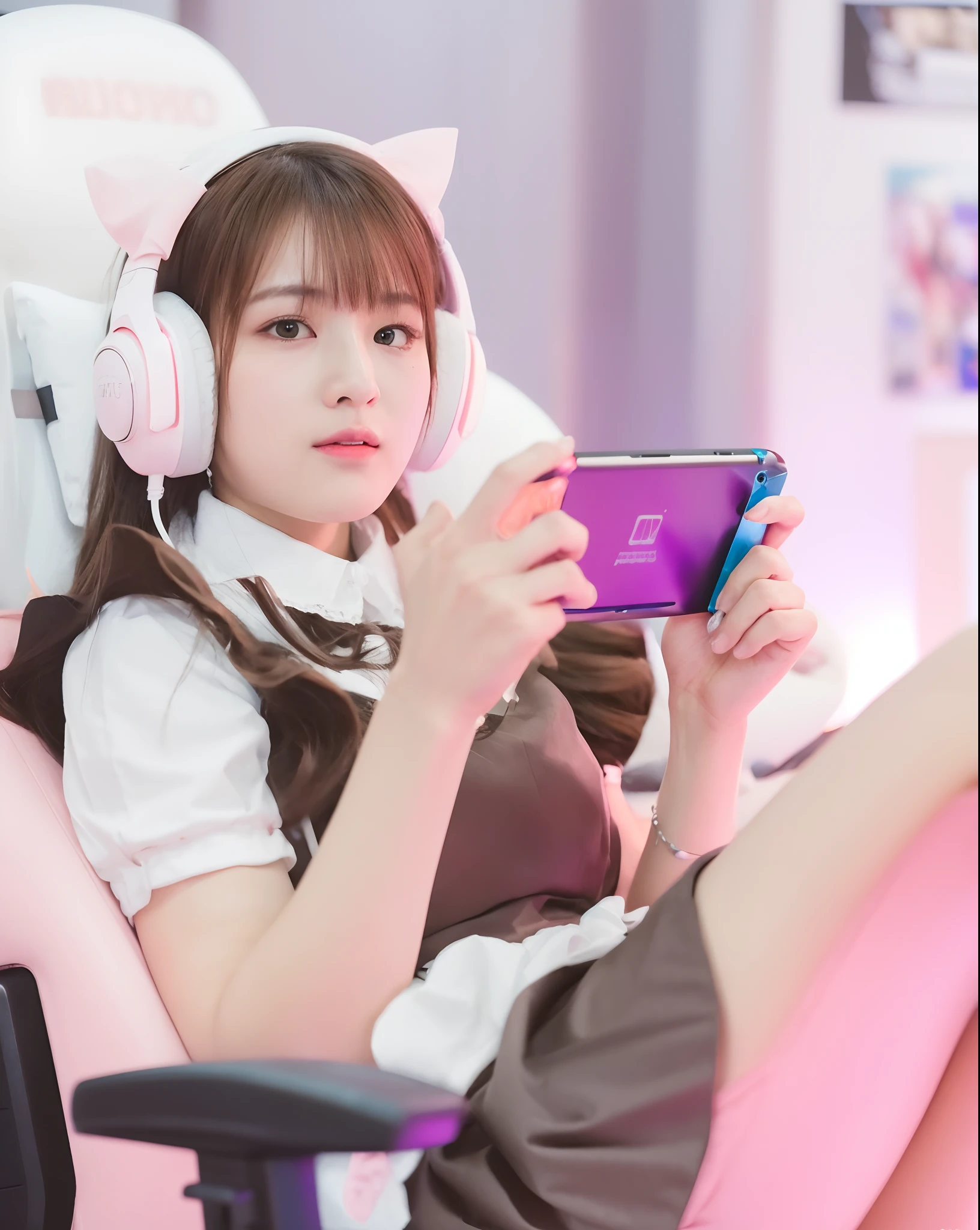 (8k, best quality, masterpiece:1.2), (realistic, photo-realistic:1.37), ultra-detailed, detail fingers, realistic fingers, A detailed portrait of 1 Gamer Girl, 21 year old girl, e girl, pale skin, perfect body, wearing maid clothes, cute pink headphone, sitting in a cute pink gaming chair, closed mouth, flat expression. The scene is illuminated with professional lighting, photon mapping, and radiosity, with Tetsuya Nomura Style. Blur bokeh effect, realistic light.