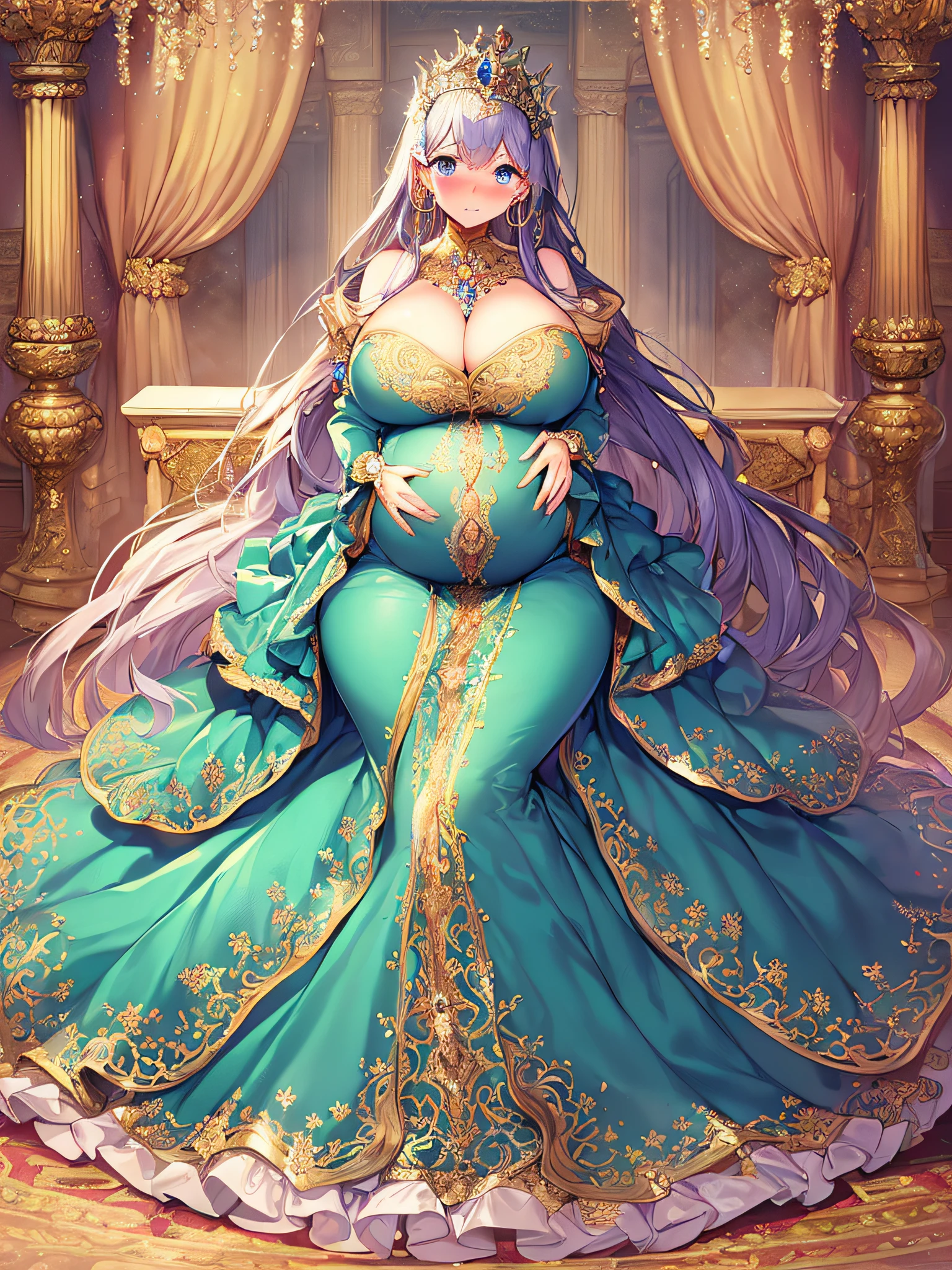 ((anime artstyle)),(Masterpiece),(Best Quality), (Super Detail),((Very Delicate and Beautiful)),(((Solo))),((full body)),(((1 bling-bling pregnant princess in beautiful embroidery and jeweled gorgeous rococo ball gown dress with voluminous full length hoop skirt))),(((heavily pregnant))),very big pregnant belly,((royal bedroom)),((bling-bling)),Long train,(bling-bling gorgeous gemstone jewelry),detailed face and eyes,jewel-like eyes,cry,((embarrassed)),((large amount of straight hair,extremely voluminous Very Long Hair,Very Long Straight Hair)),(((gigantic tits,Long tits))),cleavage,(gorgeousfull embroidery and lace),gorgeous corsage,See-through,extremely gorgeousfull hair ornament,((bling-bling extremely gorgeousfull jeweled tiara)),ornate ruffles,(hoop skirt,crinoline),((Dynamic Angle)),Looking at viewer,((full body)),((beautiful embroidery and jeweled extremely gorgeous rococo ball gown dress with voluminous full length hoop skirt))
