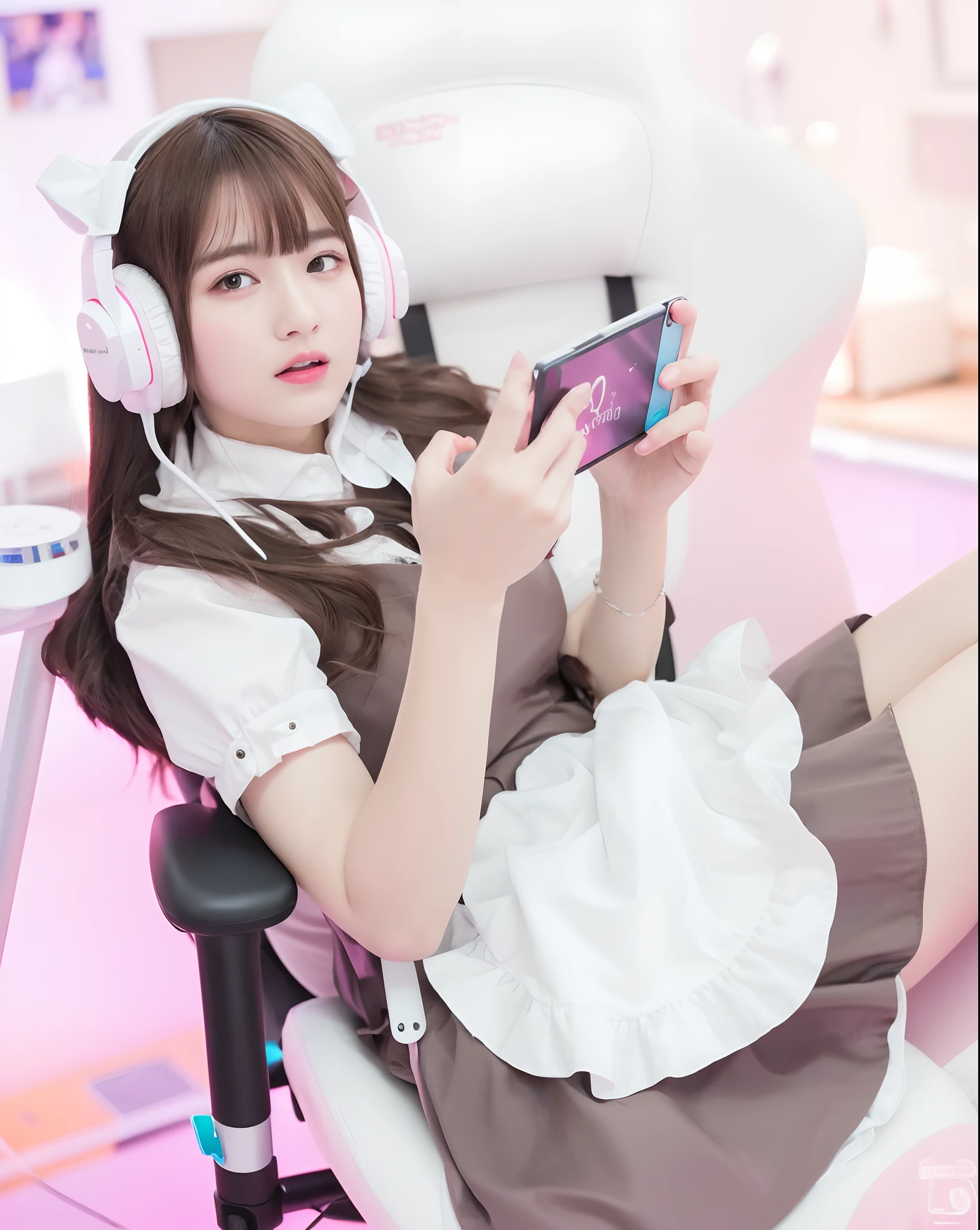 (8k, best quality, masterpiece:1.2), (realistic, photo-realistic:1.37), ultra-detailed, detail fingers, realistic fingers, A detailed portrait of 1 Gamer Girl, 21 year old girl, e girl, pale skin, perfect body, wearing maid clothes, cute pink headphone, sitting in a cute pink gaming chair, closed mouth, flat expression. The scene is illuminated with professional lighting, photon mapping, and radiosity, with Tetsuya Nomura Style. Blur bokeh effect, realistic light.
