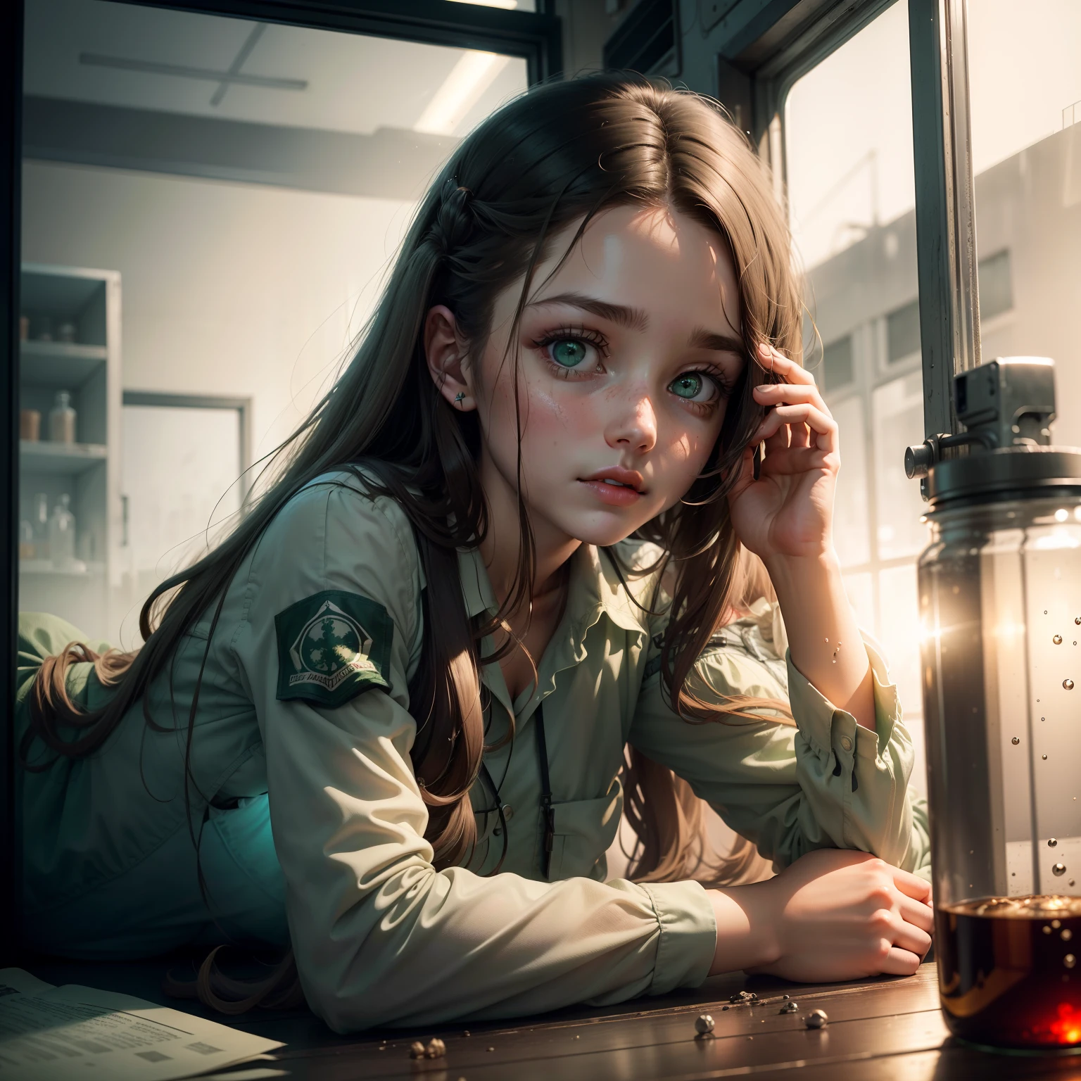 In glassware，A green-eyed girl was lying on the glass, curiously looking at the apocalyptic search and rescue personnel who broke in，Her long brown hair was floating in the nutrient solution，Almost all over the body，She is so pure，Incompatible with the dilapidated laboratory after the war