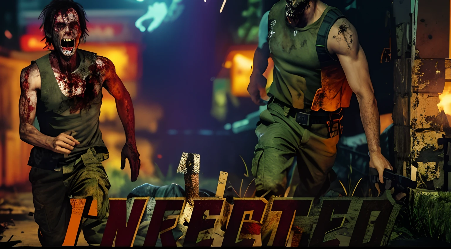 There is 1 zombie chasing 1 human survivor,The human survivor is a heavily armed soldier, The soldiers ran in fear, the night,In a dark tunnel, scare,The cover of the game,Run along,While looking at the zombies in the back,There is a pistol in hand aimed at the zombie,Zombies are in hot pursuit,The camera is directed at the soldier,binh,zombi,The zombie's mouth is open,Zombies look at soldiers