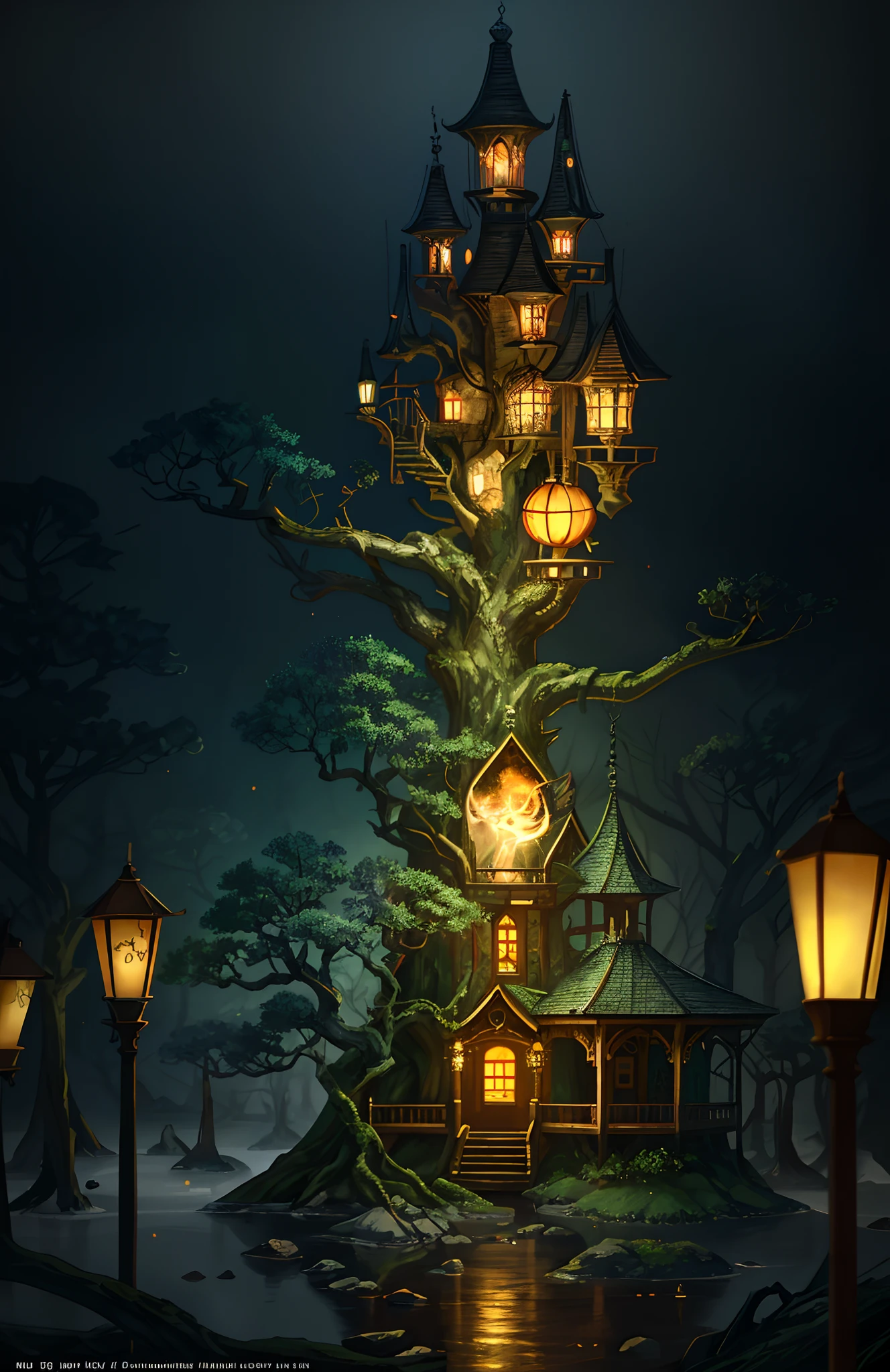 Tree house in forest swamp filled with lamps candles lanterns, ghostlights, whimsical fantasy landscape art, magical concept art, magical environment, 4k highly detailed digital art, background artwork, detailed fantasy digital art, a bustling magical town, fantasy matte painting,cute, fantastical setting, fantasy painting hd, masterpiece, best quality, high quality,extremely detailed CG unity 8k wallpaper, artstation, digital illustration, intricate, trending, pastel colors, oil paiting, award winning photography, Bokeh, Depth of Field, HDR, bloom, Chromatic Aberration ,Photorealistic,extremely detailed, trending on artstation, trending on CGsociety, Intricate, High Detail, dramatic, art by midjourney