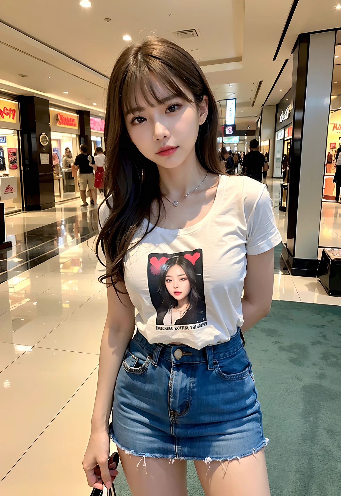 (top-quality、masterpiece)、(((mall)))、standing、NSFW、T-shirts and miniskirts、8K、女の子 1 人、Staring at this、Sloppy face、First time shooting 、looking at viewert、Wavy、