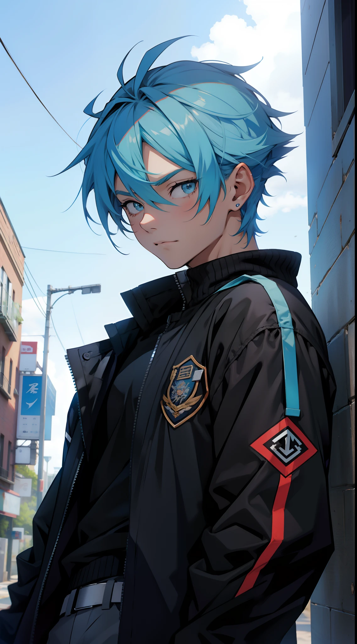 a anime  guy, with short blue hairs, wearing a black jacket