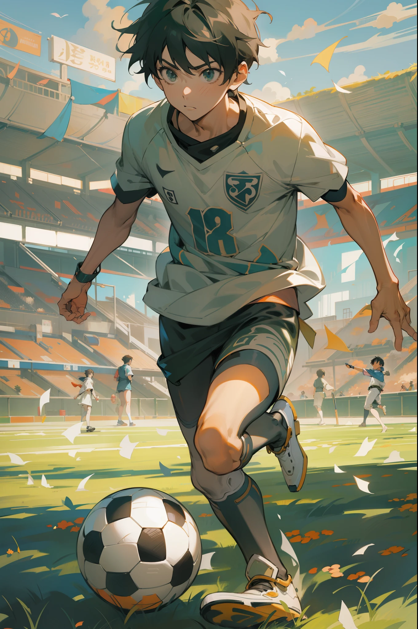 de anime chutando uma bola de futebol em um campo de futebol, Kentaro Miura estilo de arte, kentaro miura manga art style, shigenori soejima illustration, trending on artstation pixiv, Makoto Shinkai Estilo de Arte, arte anime de alta qualidade, Kentaro Miura Arte, Arte Zerochan, Makoto Shinkai ( apex legends )