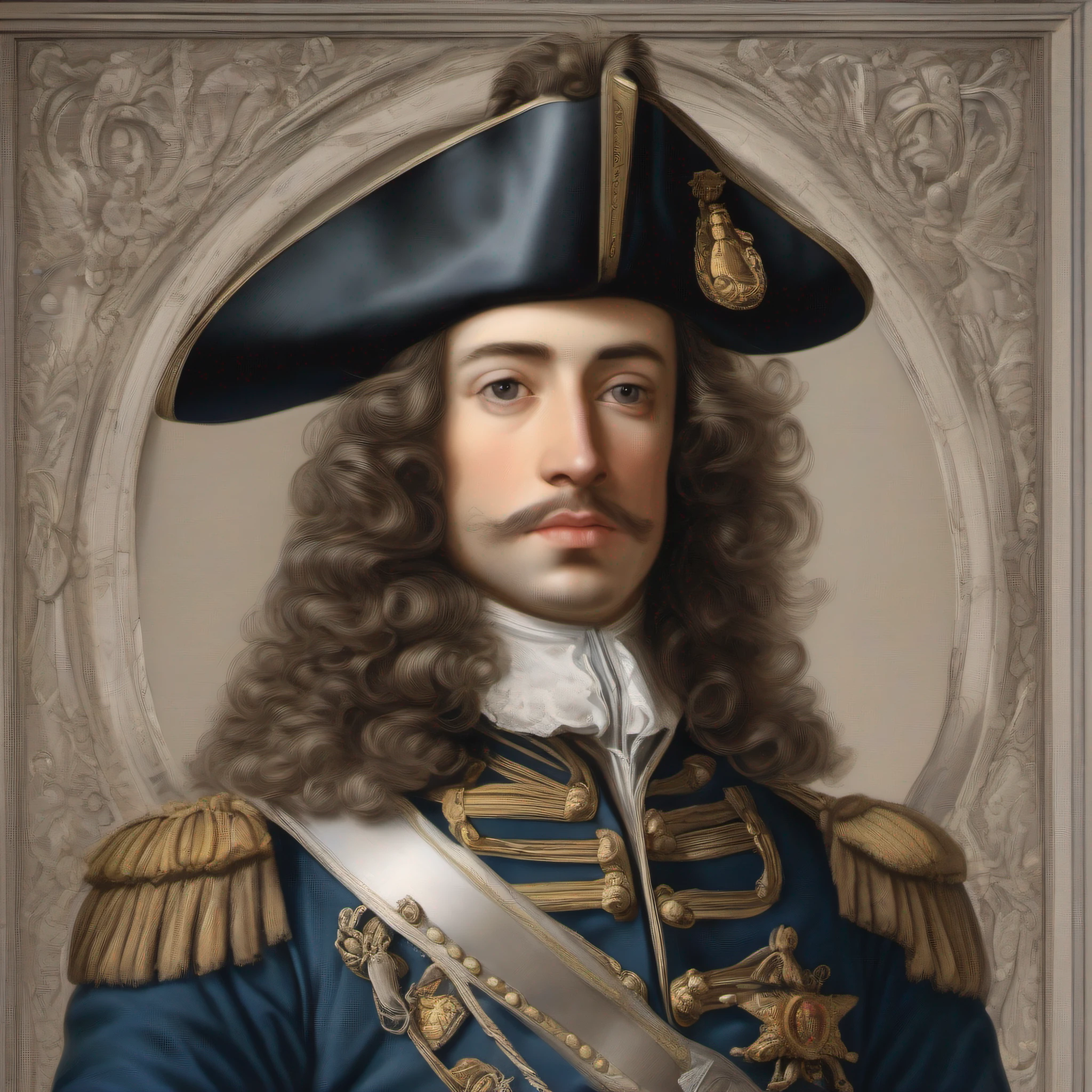 a man in the uniform of a gardemarine French army 17th century, 1690, dressed in renaissance style, realistic, perfect detailed symmetric eyes, detailed gorgeous face, high resolution, photorealism
