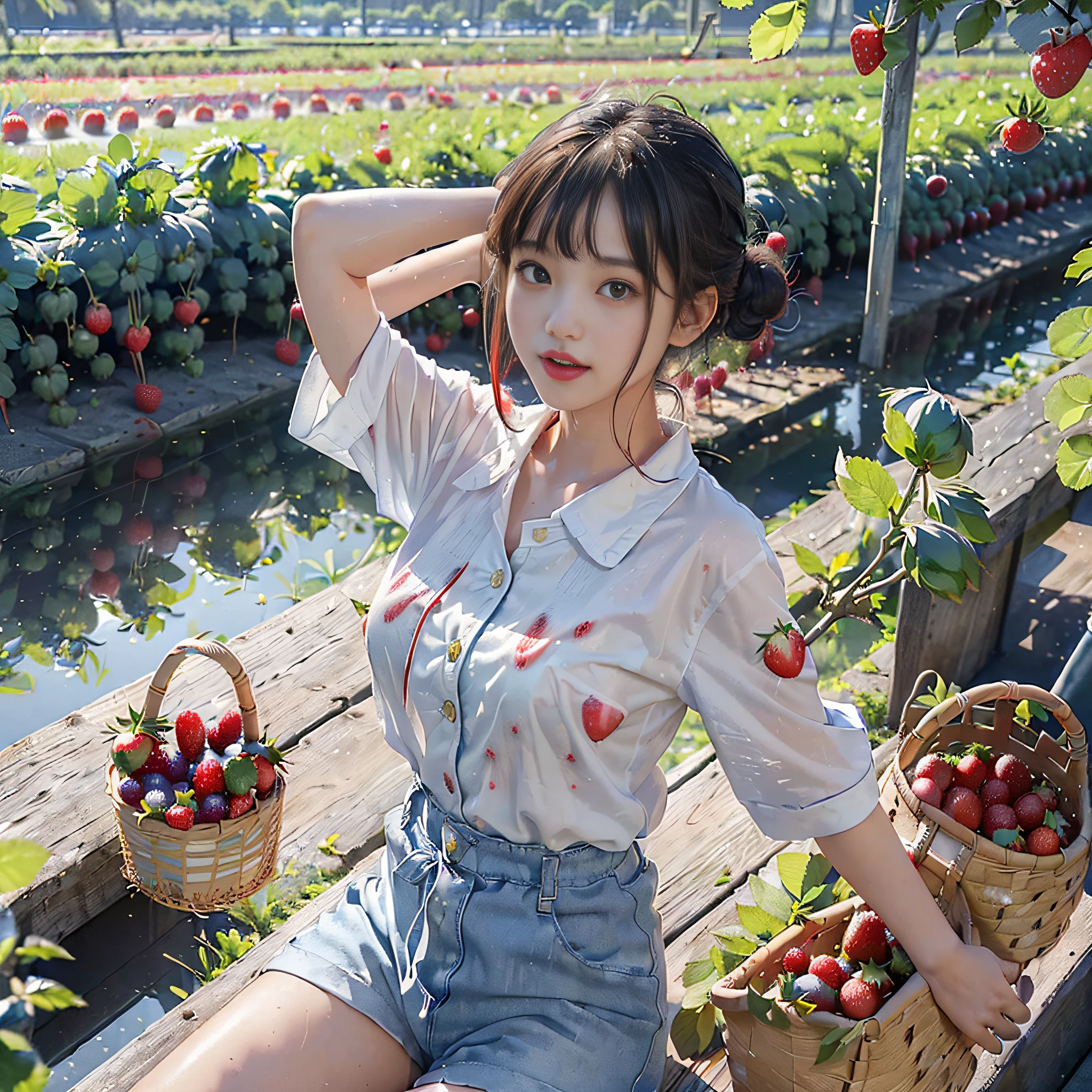 (masterpiece、top-quality、超A high resolution、High resolution:1.37),(1 Beautiful Japan Girl:1.1)、独奏、(The upper part of the body:1.2)、(Photorealsitic:1.4)、(Cute Teen Girl:1.2)、Adorable,Pretty,Cute,Beautiful,Colossal tits、length hair、partedbangs、Air bangs、red-lips、light_Smile、(Shot hair)、wet、Messy_blue髪、Protruding out、(校服:1.4)、White shirt with blue collar、Blue shorts、(Look at viewers:1.4)、(Forearm basket:1.4)、(Strawberry picking:1.4), (Strawberry farm:1.4), (Rows of plants:1.4), (Red berries:1.4), green leafs, rays of sunshine, (baskets:1.2), Picking,(pureerosface_v1:0.7)