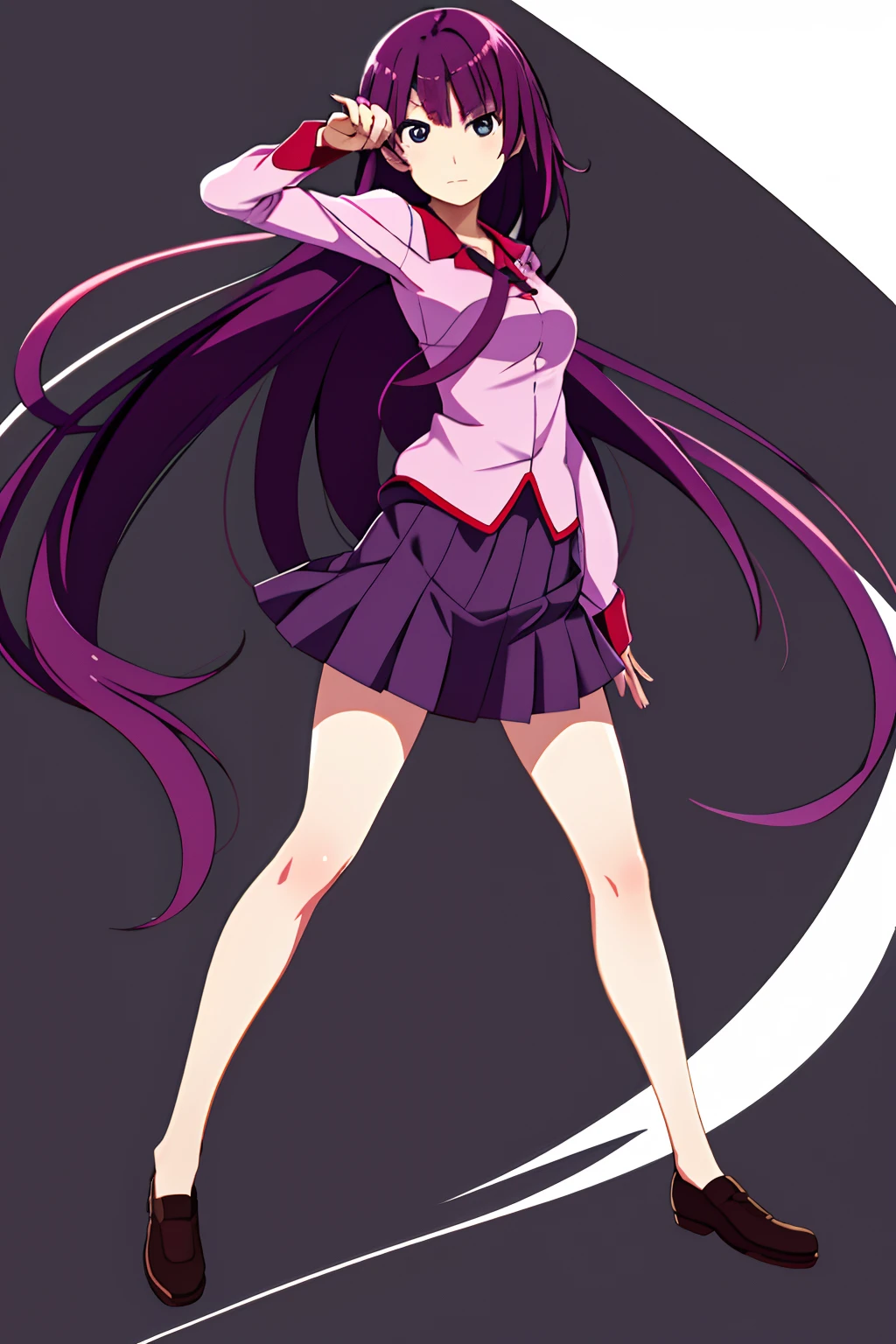 1girll,，Emoji seduction，senjougahara hitagi, Solo, upper legs, Skirt, Long hair, Naoezu High School uniform, Blue eyes, Juliet sleeves, school uniform, Purple hair, shirt, zettai ryouiki, Medium breasts, Very long hair, Purple skirt, Miniskirt，dancing in a night club,Full body photo