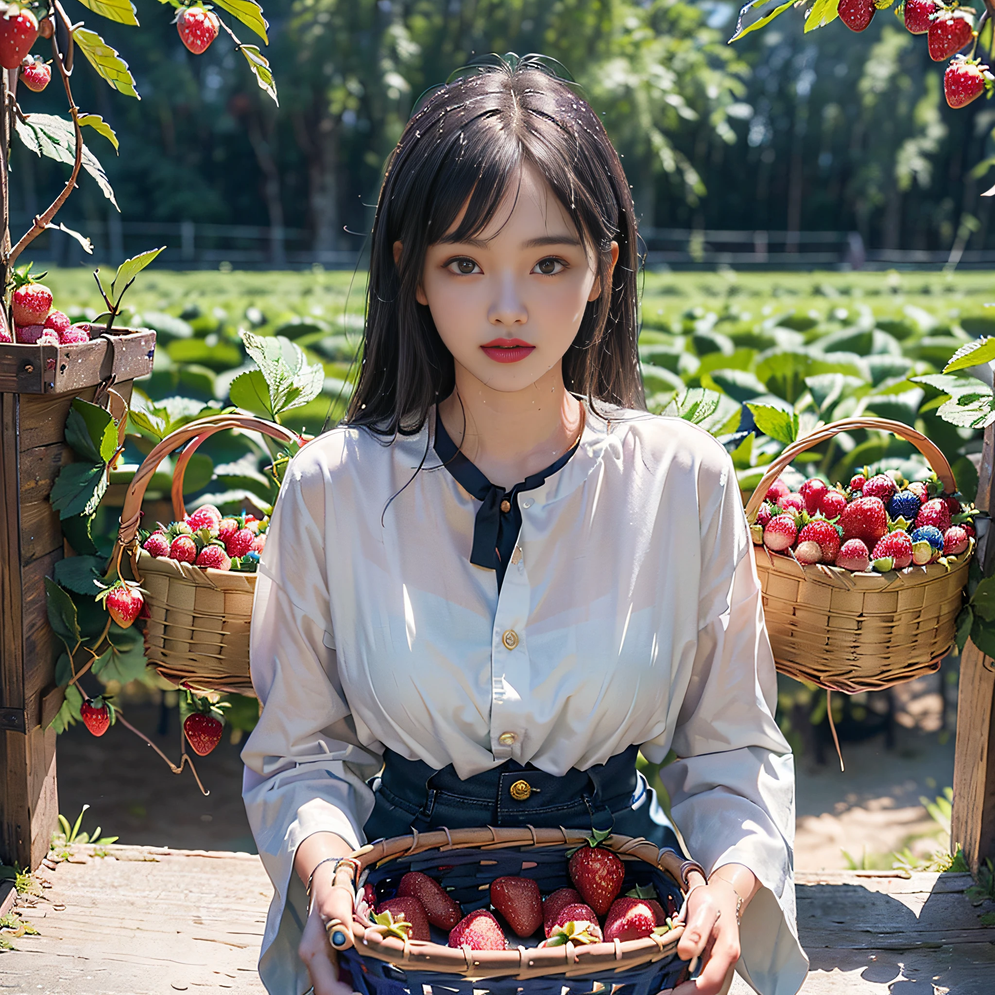 (masterpiece、top-quality、超A high resolution、High resolution:1.37),(1 girl in:1.1)、独奏、(The upper part of the body:1.2)、(Photorealsitic:1.4)、(Cute Teen Girl:1.2)、Adorable,Pretty,Cute,Beautiful,Colossal tits、length hair、partedbangs、Air bangs、red-lips、light_Smile、(Shot hair)、wet、Messy_blue髪、Protruding out、(校服:1.4)、White shirt with blue collar、Blue shorts、(Look at viewers:1.4)、(Forearm basket:1.4)、(Strawberry picking:1.4), (Strawberry farm:1.4), (Rows of plants:1.4), (Red berries:1.4), green leafs, rays of sunshine, (baskets:1.2), Picking,(pureerosface_v1:0.5)