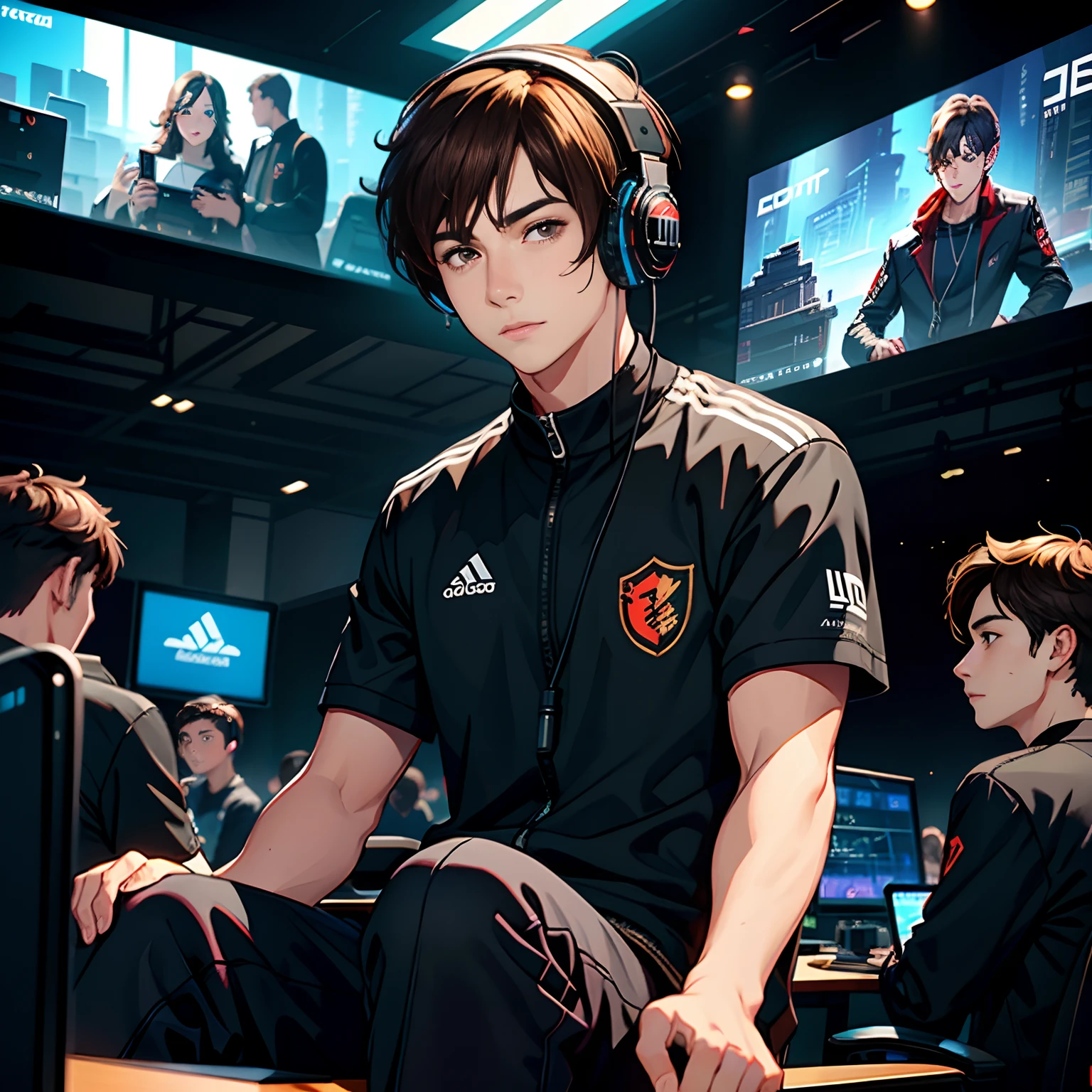 A handsome young man with brown hair,wearing black clothes,Play with your phone in the esports arena,Bring headphones