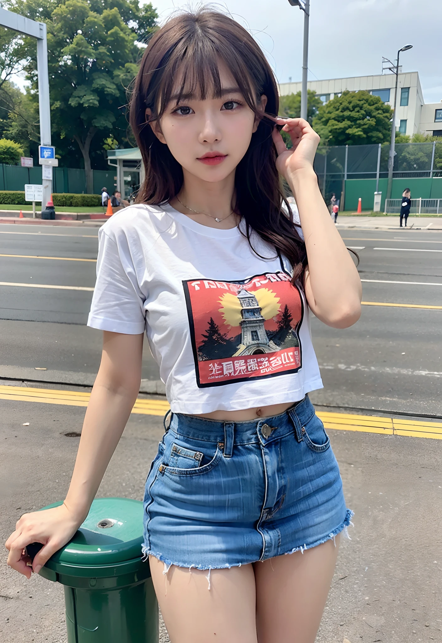(top-quality、masterpiece)、((Station platform))、Various poses、NSFW、T-shirts and miniskirts、8K、 1 人、Staring at this、Sloppy face、First time shooting 、looking at viewert、Wavy、