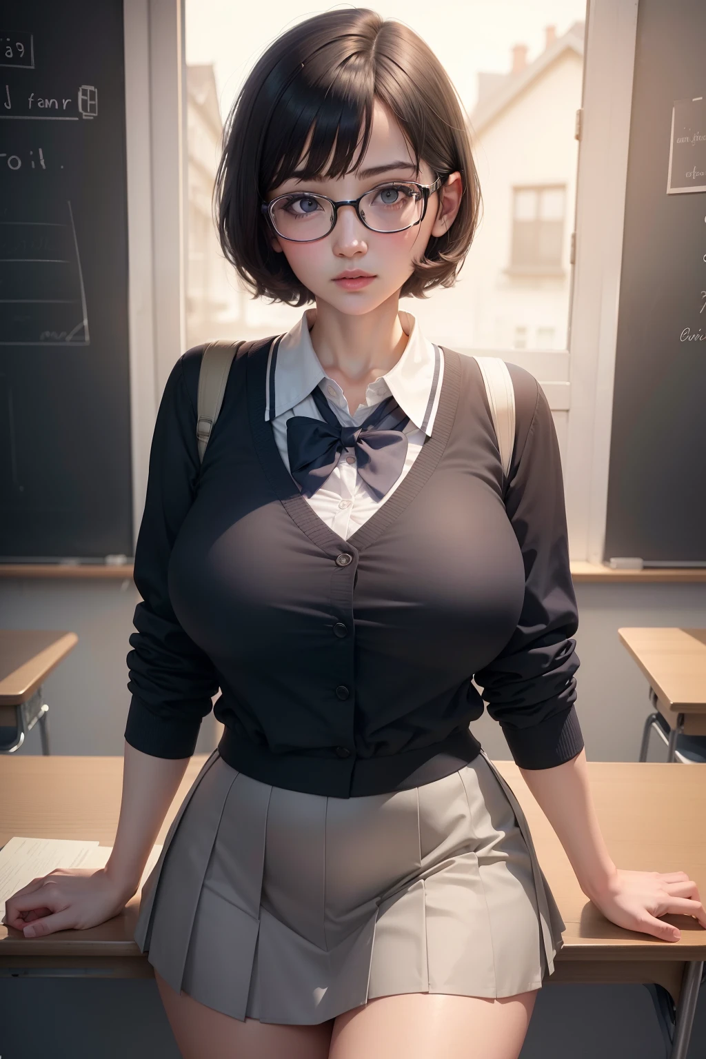 1girl, teacher, glasses, short hair, school uniform, big breast, mini skirt, on the class, innocent face, unity 8k wallpaper, ultra detailed, aesthetic, masterpiece, best quality, photorealistic