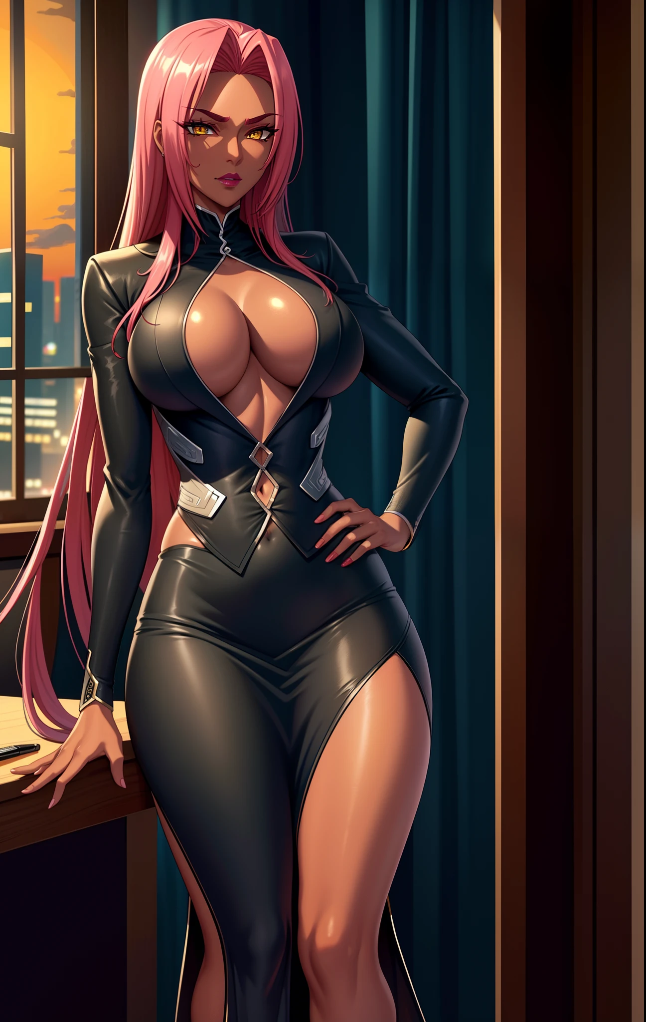 (highres, high quality:1.3), intricate details, cinematic lighting, sharp focus, depth of field, makaikishiingrid
Ingrid, 1girl, solo, mature female, (dark-skinned female, dark skin:1.1), looking at viewer, standing, hands on hips, office, window, evening, sunset,
serious,
pink red hair, very long hair, hair intakes, makeup, lipstick, (mole under mouth:0.8), eyelashes, yellow eyes, detailed eyes, perfect face,
business suit, formal, skirt suit, jacket suit,
large breasts, cleavage, (areola slip:1.2), (nipple slip:0.9), thighs,