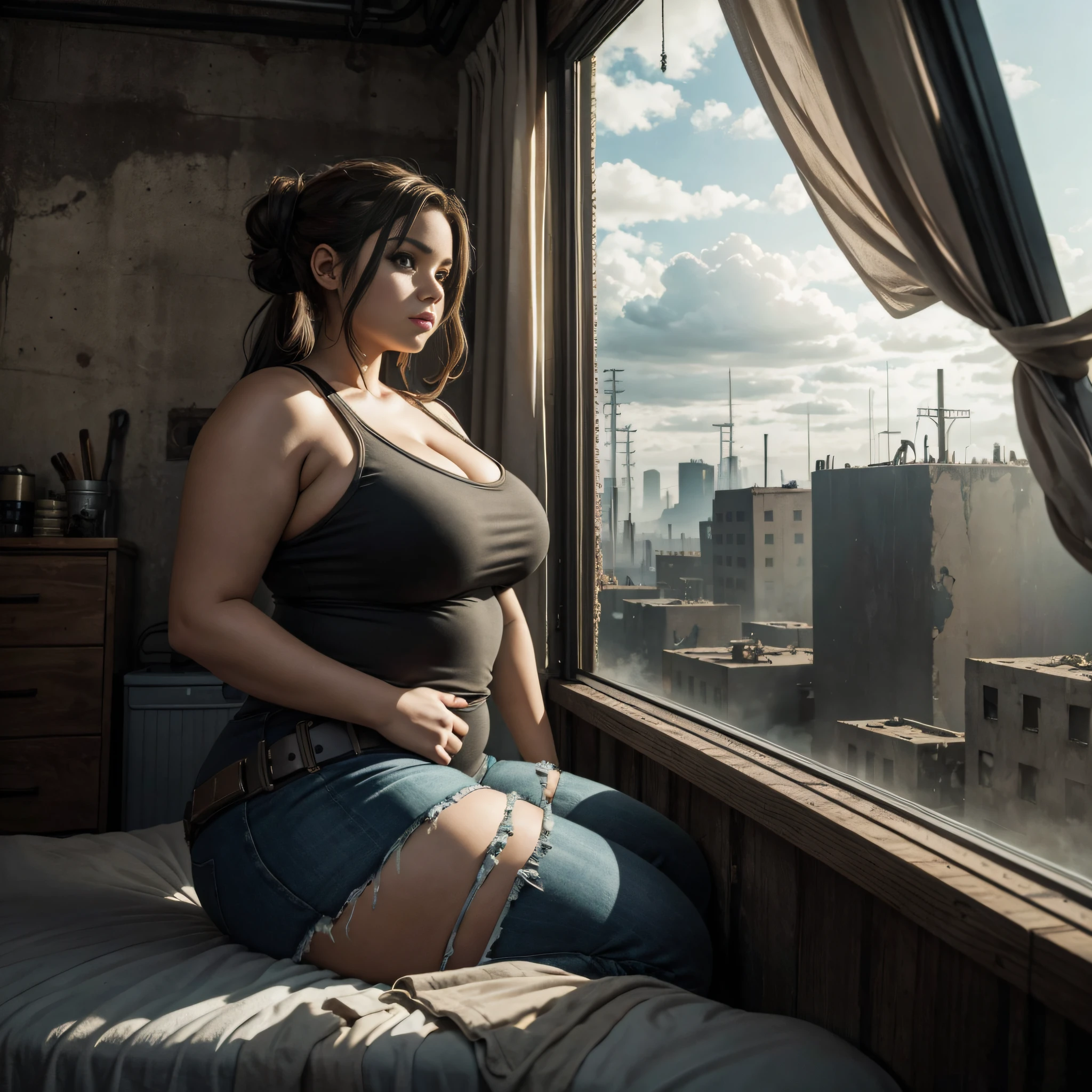 post-apocalyptic style, Curvy girl with a cute and pretty face, sitting on the bed, Create a masterpiece depicting this scene, looking out the window