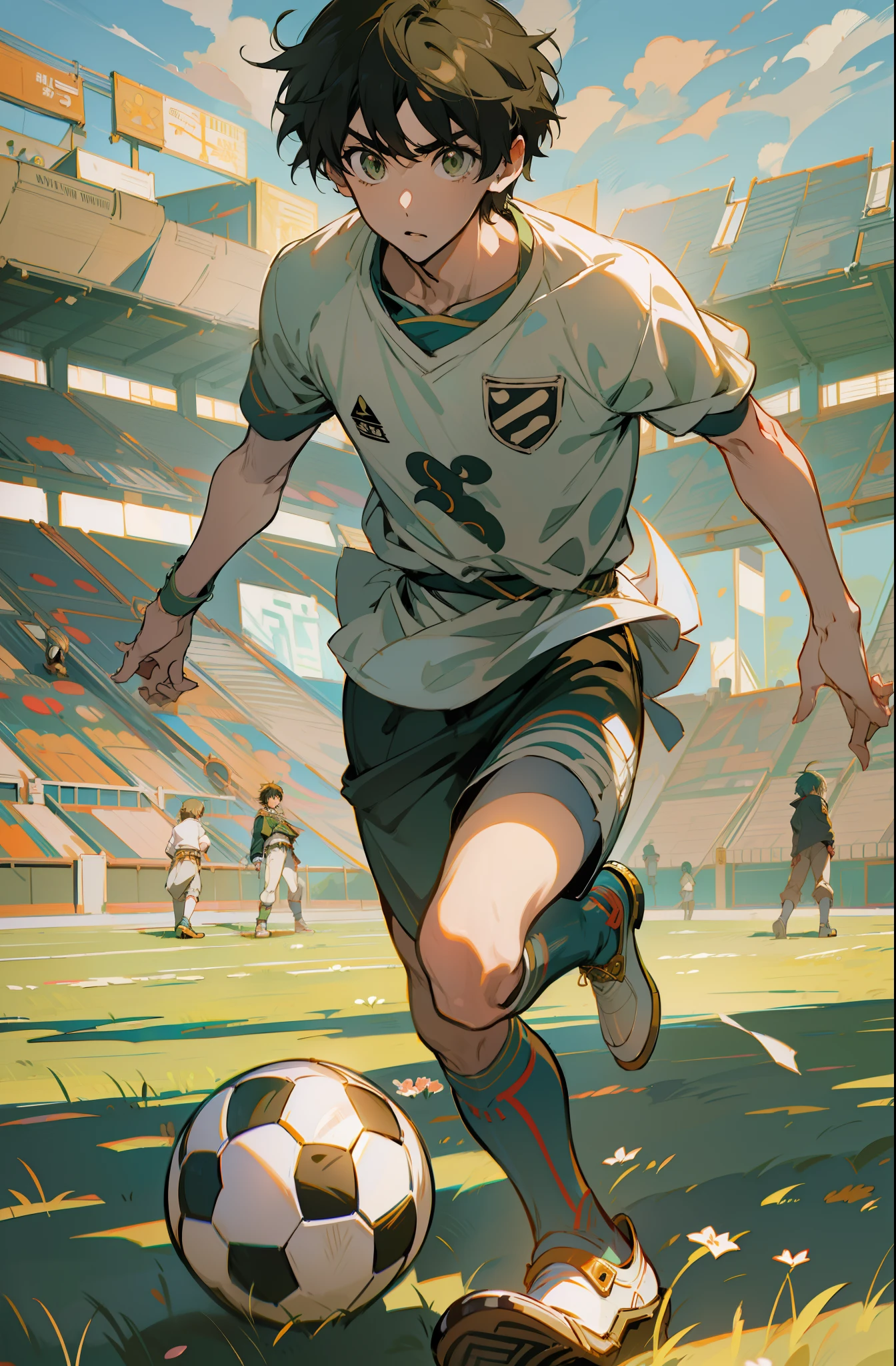 de anime chutando uma bola de futebol em um campo de futebol, Kentaro Miura estilo de arte, kentaro miura manga art style, shigenori soejima illustration, trending on artstation pixiv, Makoto Shinkai Estilo de Arte, arte anime de alta qualidade, Kentaro Miura Arte, Arte Zerochan, Makoto Shinkai ( apex legends )