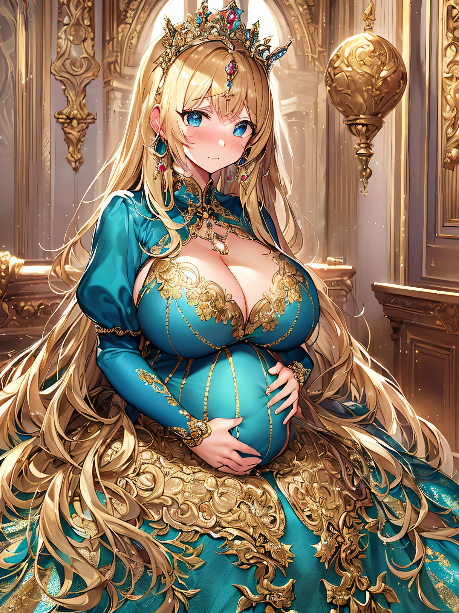 ((anime artstyle)),(Masterpiece),(Best Quality), (Super Detail),((Very Delicate and Beautiful)),(((Solo))),((full body)),(((1 bling-bling pregnant princess in beautiful embroidery and jeweled gorgeous rococo ball gown dress with voluminous full length hoop skirt))),(((heavily pregnant))),very big pregnant belly,((royal bedroom)),((bling-bling)),Long train,(bling-bling gorgeous gemstone jewelry),detailed face and eyes,jewel-like eyes,cry,((embarrassed)),((large amount of straight hair,extremely voluminous Very Long Hair,Very Long Straight Hair)),(((gigantic tits,Long tits))),cleavage,(gorgeousfull embroidery and lace),gorgeous corsage,See-through,extremely gorgeousfull hair ornament,((bling-bling extremely gorgeousfull jeweled tiara)),ornate ruffles,(hoop skirt,crinoline),((Dynamic Angle)),Looking at viewer,((full body)),((beautiful embroidery and jeweled extremely gorgeous rococo ball gown dress with voluminous full length hoop skirt))