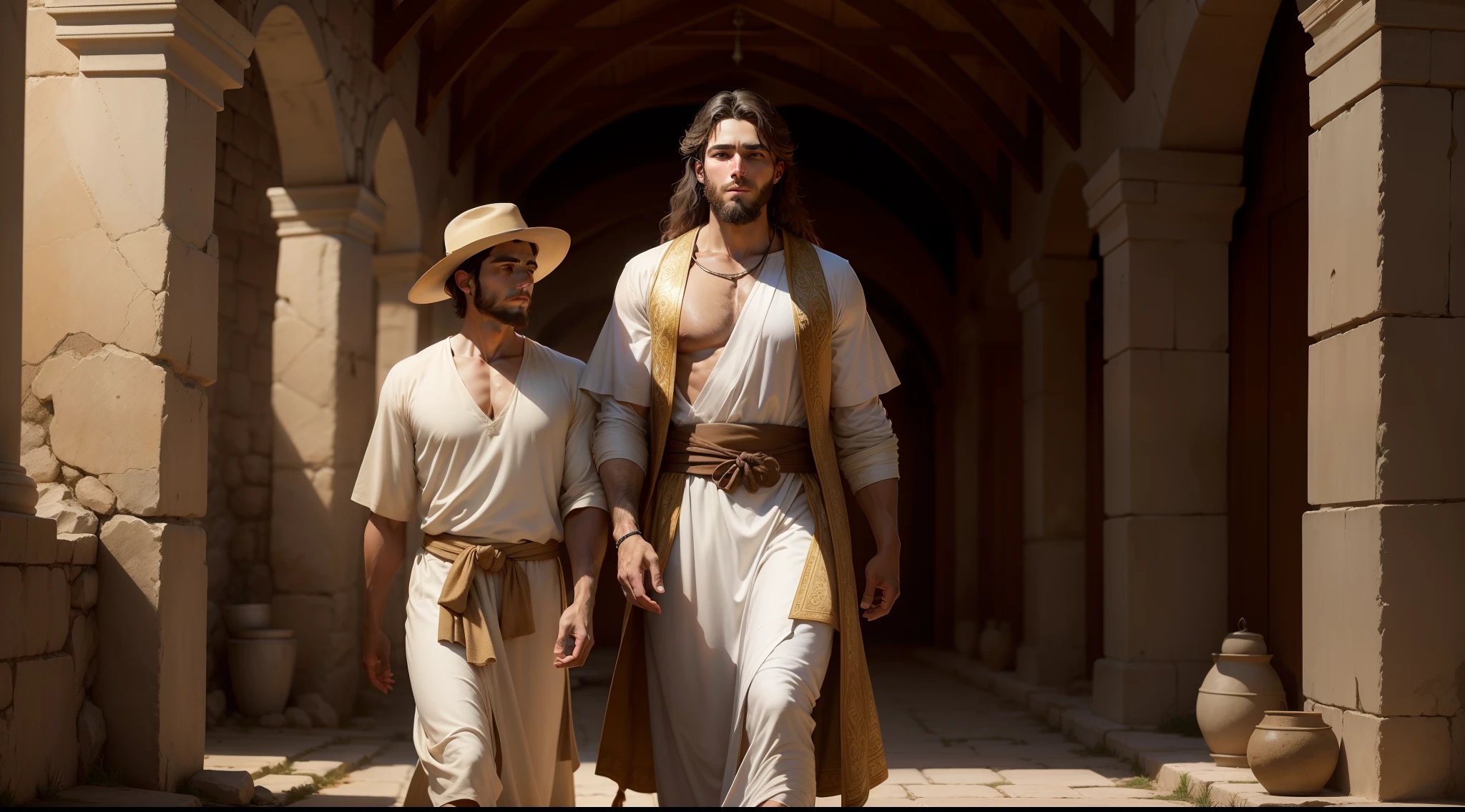 Create an image that represents the biblical character Isaac, son of Abraham and Sarah. The image must convey the essence of Isaac as a man of faith, obedience and trust in God.
Na imagem, portraying Isaac as a man of serene and tranquil appearance, with a calm and confident expression. He may be dressed in biblical costumes of the time, such as simple tunics and sandals.
Position Isaac in an environment that harkens back to his biblical story. Por exemplo, ele pode estar em um campo verdejante com rebanhos de ovelhas ao seu redor, symbolizing your connection to pastoral life and your obedience to God in following His commandments.
Include symbolic elements that represent Isaac's story, like a well of water, a reference to the episode in which he opened and reopened wells dug by his father and inherited God's blessings. Ou ainda, uma imagem de um carneiro, associated with the sacrifice of Isaac, where God provided a substitute for sacrifice at the last moment.
Use suave, earthy colors to create a sense of peace and serenity in the image. Destaque a luz, usando tons mais claros para iluminar o rosto e a figura de Isaque, symbolizing God's presence in your life.
This image is meant to represent Isaac as a man of faith and obedience to God. It must convey the message of trust and peace found in the biblical story of Isaac, inspiring viewers to reflect on their own faith and trust in God in the midst of life's challenges and trials.