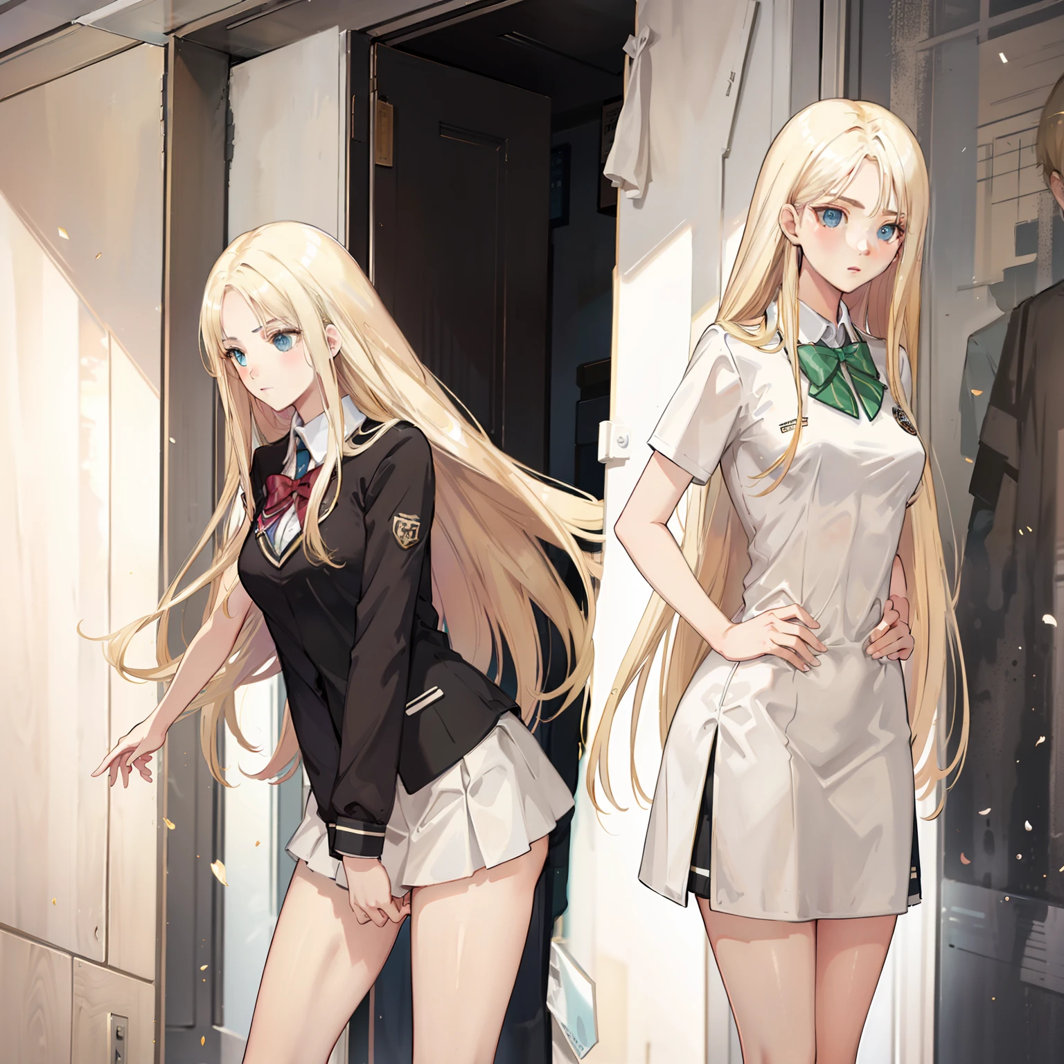 "Blonde hair and long hair flowing elegantly, wearing a school uniform with a stylish short skirt, showcasing slim and graceful legs."