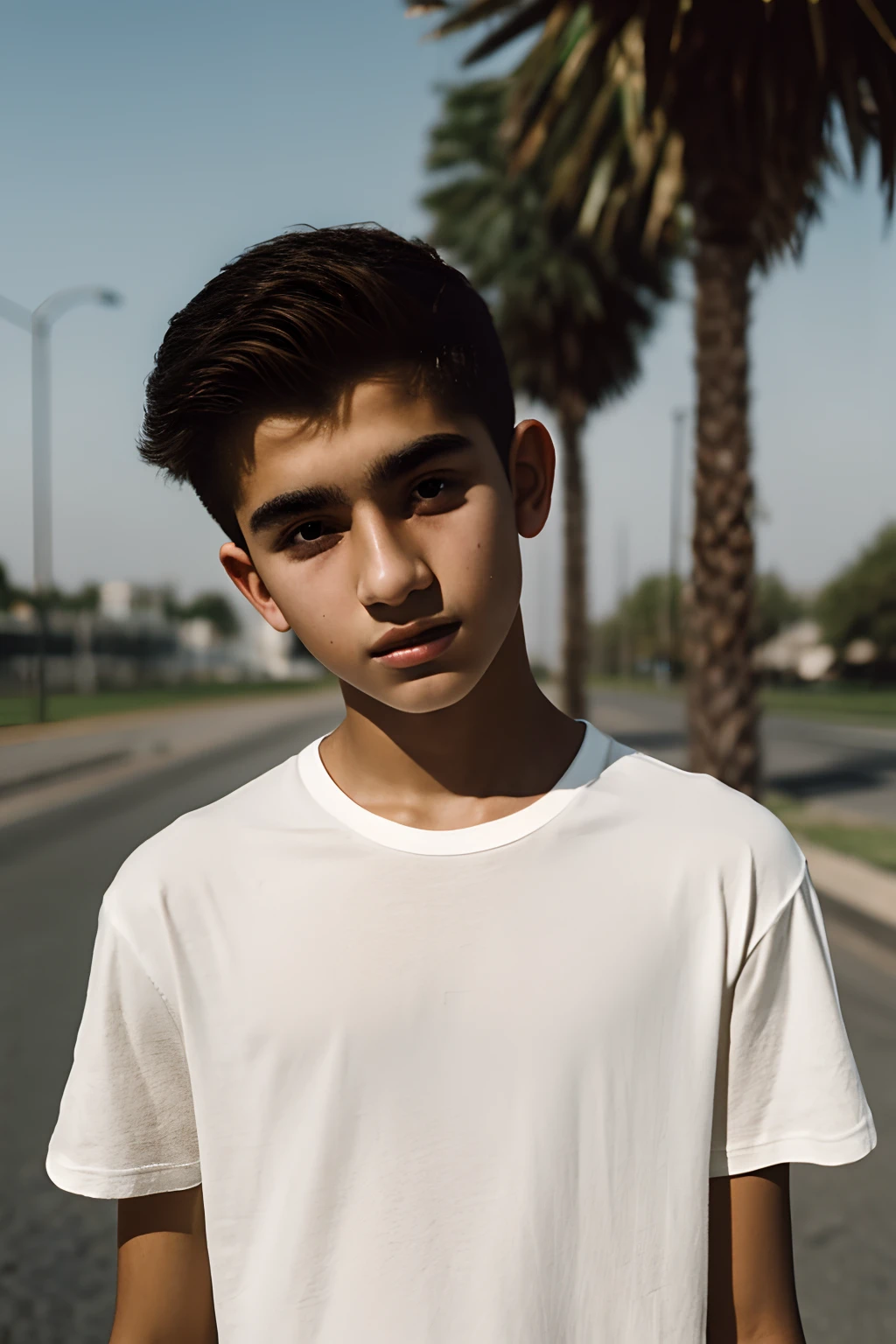 film photography portrait of a middle  eastern teenage guy, hyperrealistic, overcast lighting, shot on kodak portra 200, film grain, nostalgic mood, wearing black round neck plain Tee-shirt with white lose short, model mockup style, teenage fashion model style, middle eastern teenage boy.