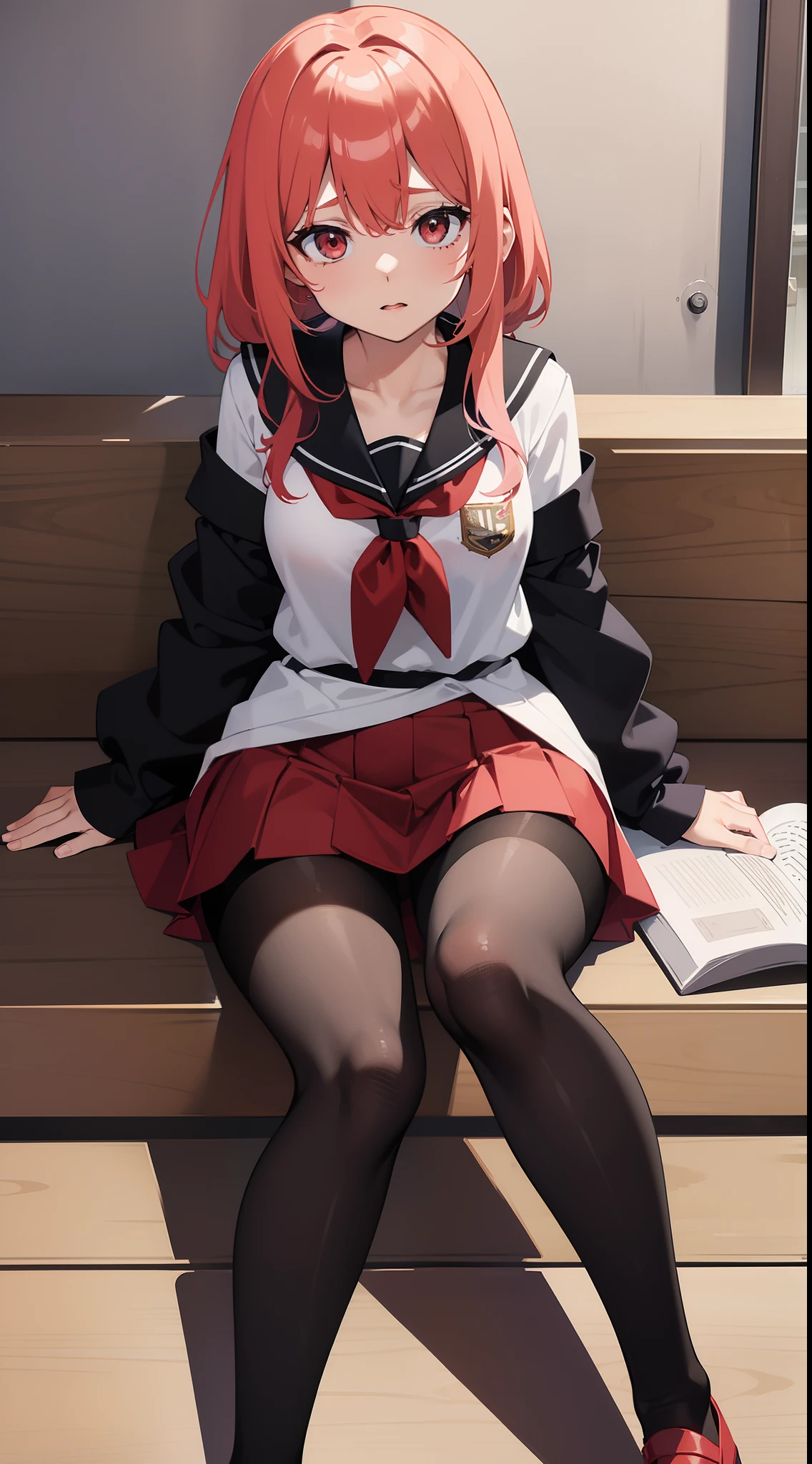 1 Menina da Anime Linda De cabelo Rosa Longo, It's red eyes., com pernas abertas, is With School Skirt, mostrando Roupas Intimas, it's Japanese high school clothing, com estrela nos olhos, imagem Estilo Novel de anime, Roupas Intimas Brancas, com calsinha branca, colegial senda em uma mesa de pernas abertas, mostrando Roupas Intimas, his face is flushed, com vergonha, wearing pantyhose, ((imagem Estilo Novel de anime)), ((corpo inteiro)), ((With Underwear there is Sample))