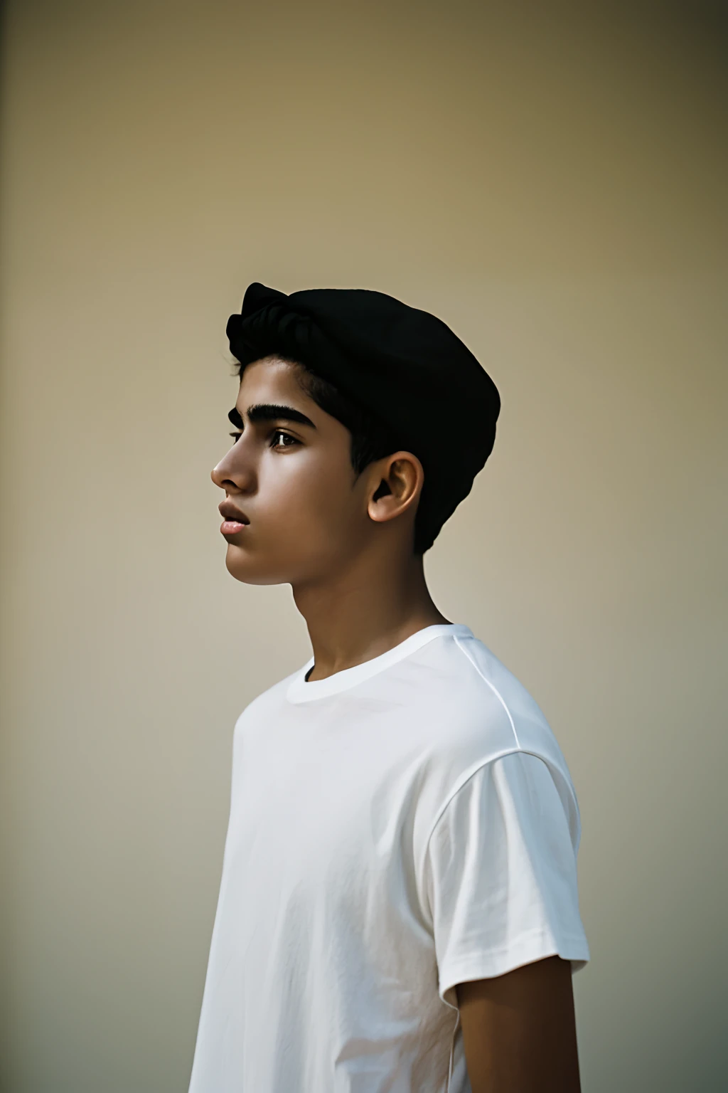 film photography portrait of a middle 14 eastern teenage guy, hyperrealistic, overcast lighting, shot on kodak portra 200, film grain, nostalgic mood, wearing black round neck plain Tee-shirt with white lose short, model mockup style, teenage fashion model style, middle eastern teenage boy.