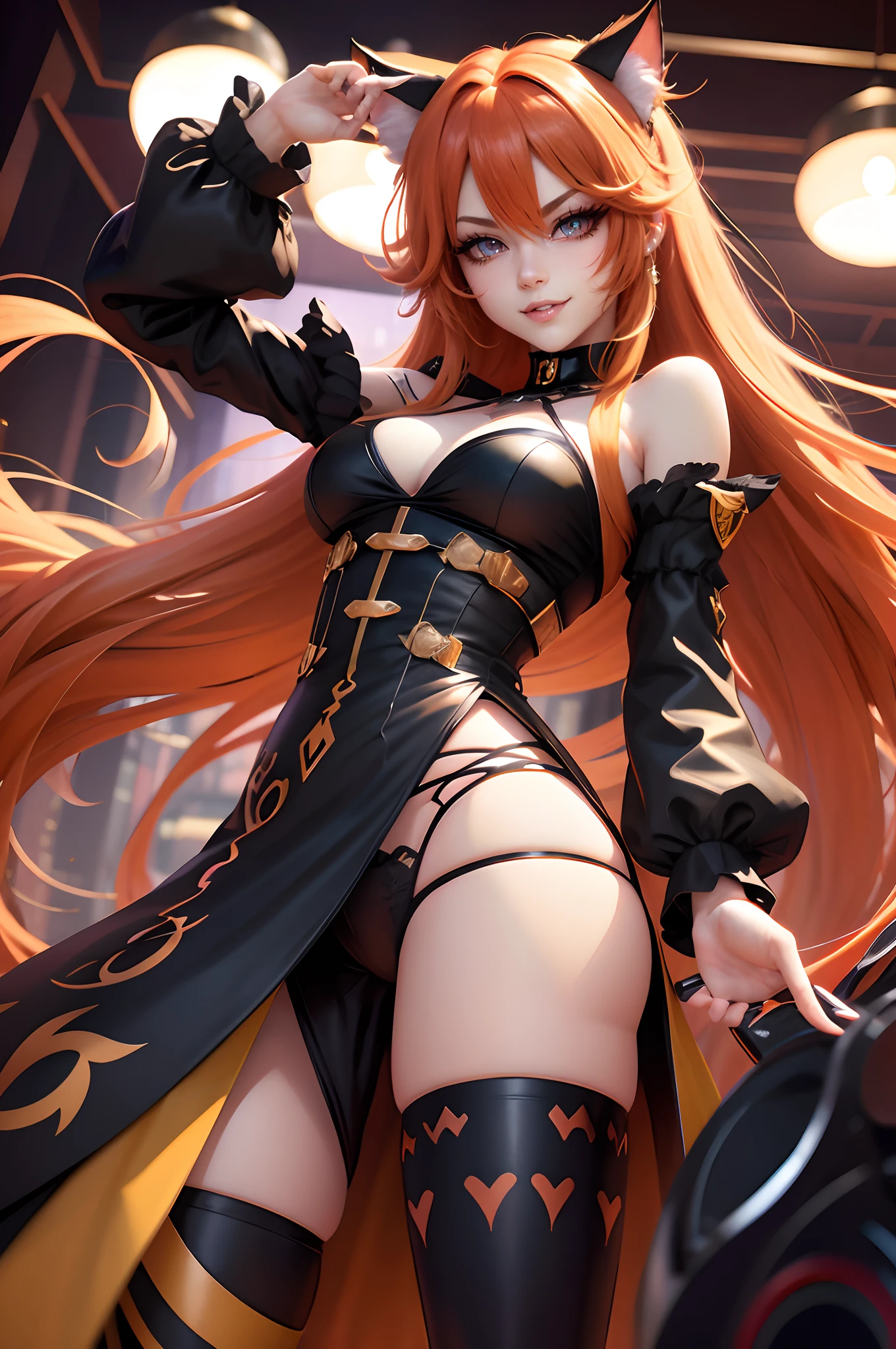 multicolored hair, Very long hair, colored eyelashes, Amber eyes, Cat ears, Seductive smile, fang out, anime big breast, Optical illusion, From below, hyper HD, High details, High quality, 4K, A high resolution, Textured skin, Anatomically correct