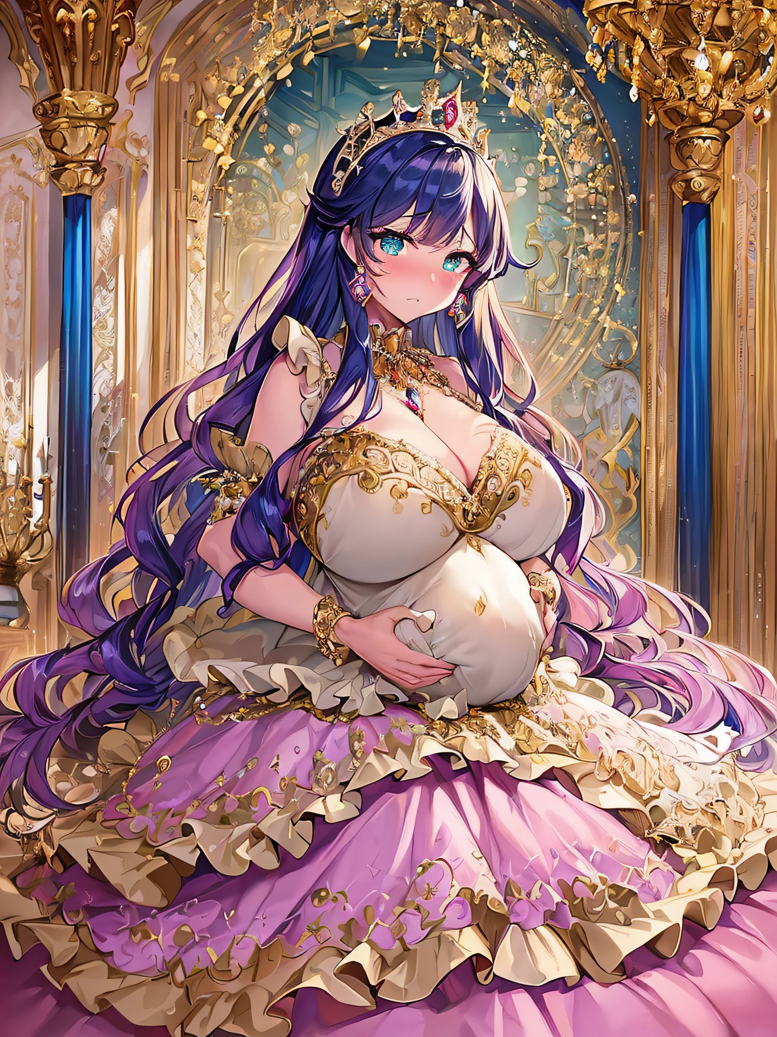 ((anime artstyle)),(Masterpiece),(Best Quality), (Super Detail),((Very Delicate and Beautiful)),(((Solo))),((full body)),(((1 bling-bling pregnant princess in beautiful embroidery and jeweled gorgeous rococo ball gown dress with voluminous full length hoop skirt))),(((heavily pregnant))),very big pregnant belly,((royal bedroom)),((bling-bling)),Long train,(bling-bling gorgeous gemstone jewelry),detailed face and eyes,jewel-like eyes,cry,((embarrassed)),((large amount of straight hair,extremely voluminous Very Long Hair,Very Long Straight Hair)),(((gigantic tits,Long tits))),cleavage,(gorgeousfull embroidery and lace),gorgeous corsage,See-through,extremely gorgeousfull hair ornament,((bling-bling extremely gorgeousfull jeweled tiara)),ornate ruffles,(hoop skirt,crinoline),((Dynamic Angle)),Looking at viewer,((full body)),((beautiful embroidery and jeweled extremely gorgeous rococo ball gown dress with voluminous full length hoop skirt))