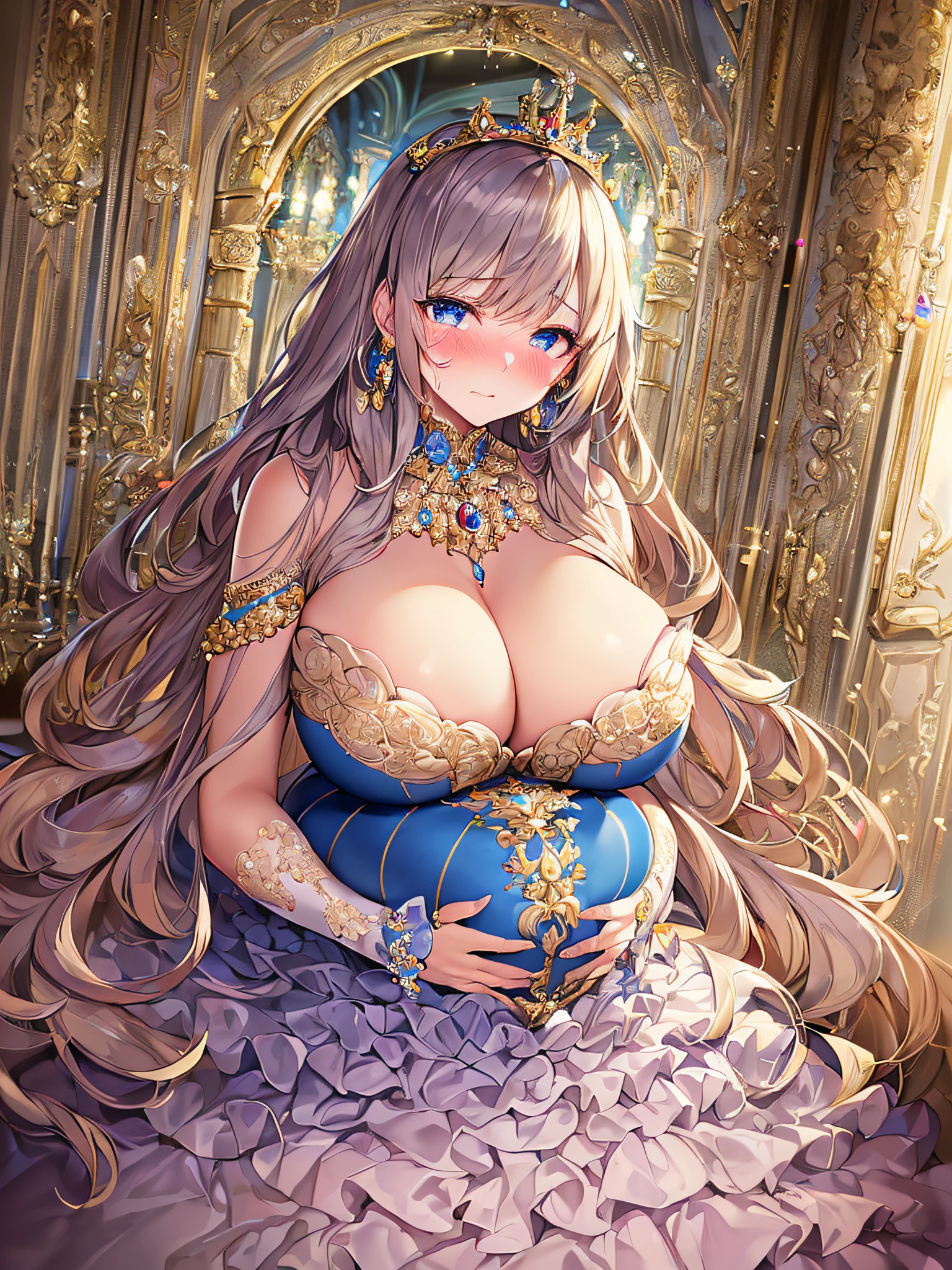 ((anime artstyle)),(Masterpiece),(Best Quality), (Super Detail),((Very Delicate and Beautiful)),(((Solo))),((full body)),(((1 bling-bling pregnant princess in beautiful embroidery and jeweled gorgeous rococo ball gown dress with voluminous full length hoop skirt))),(((heavily pregnant))),very big pregnant belly,((royal bedroom)),((bling-bling)),Long train,(bling-bling gorgeous gemstone jewelry),detailed face and eyes,jewel-like eyes,cry,((embarrassed)),((large amount of straight hair,extremely voluminous Very Long Hair,Very Long Straight Hair)),(((gigantic tits,Long tits))),cleavage,(gorgeousfull embroidery and lace),gorgeous corsage,See-through,extremely gorgeousfull hair ornament,((bling-bling extremely gorgeousfull jeweled tiara)),ornate ruffles,(hoop skirt,crinoline),((Dynamic Angle)),Looking at viewer,((full body)),((beautiful embroidery and jeweled extremely gorgeous rococo ball gown dress with voluminous full length hoop skirt))