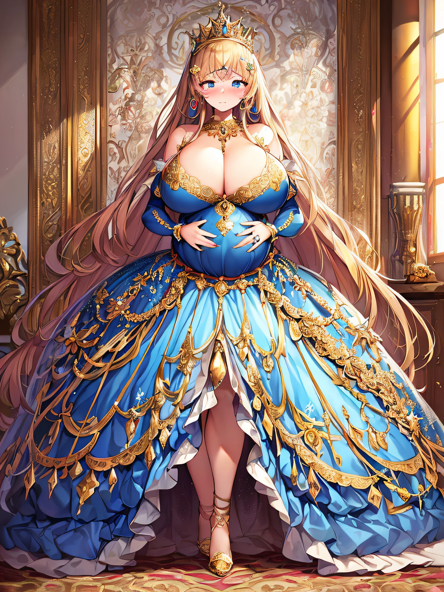 ((anime artstyle)),(Masterpiece),(Best Quality), (Super Detail),((Very Delicate and Beautiful)),(((Solo))),((full body)),(((1 bling-bling pregnant princess in beautiful embroidery and jeweled gorgeous rococo ball gown dress with voluminous full length hoop skirt))),(((heavily pregnant))),very big pregnant belly,((royal bedroom)),((bling-bling)),Long train,(bling-bling gorgeous gemstone jewelry),detailed face and eyes,jewel-like eyes,cry,((embarrassed)),((large amount of straight hair,extremely voluminous Very Long Hair,Very Long Straight Hair)),(((gigantic tits,Long tits))),cleavage,(gorgeousfull embroidery and lace),gorgeous corsage,See-through,extremely gorgeousfull hair ornament,((bling-bling extremely gorgeousfull jeweled tiara)),ornate ruffles,(hoop skirt,crinoline),((Dynamic Angle)),Looking at viewer,((full body)),((beautiful embroidery and jeweled extremely gorgeous rococo ball gown dress with voluminous full length hoop skirt))