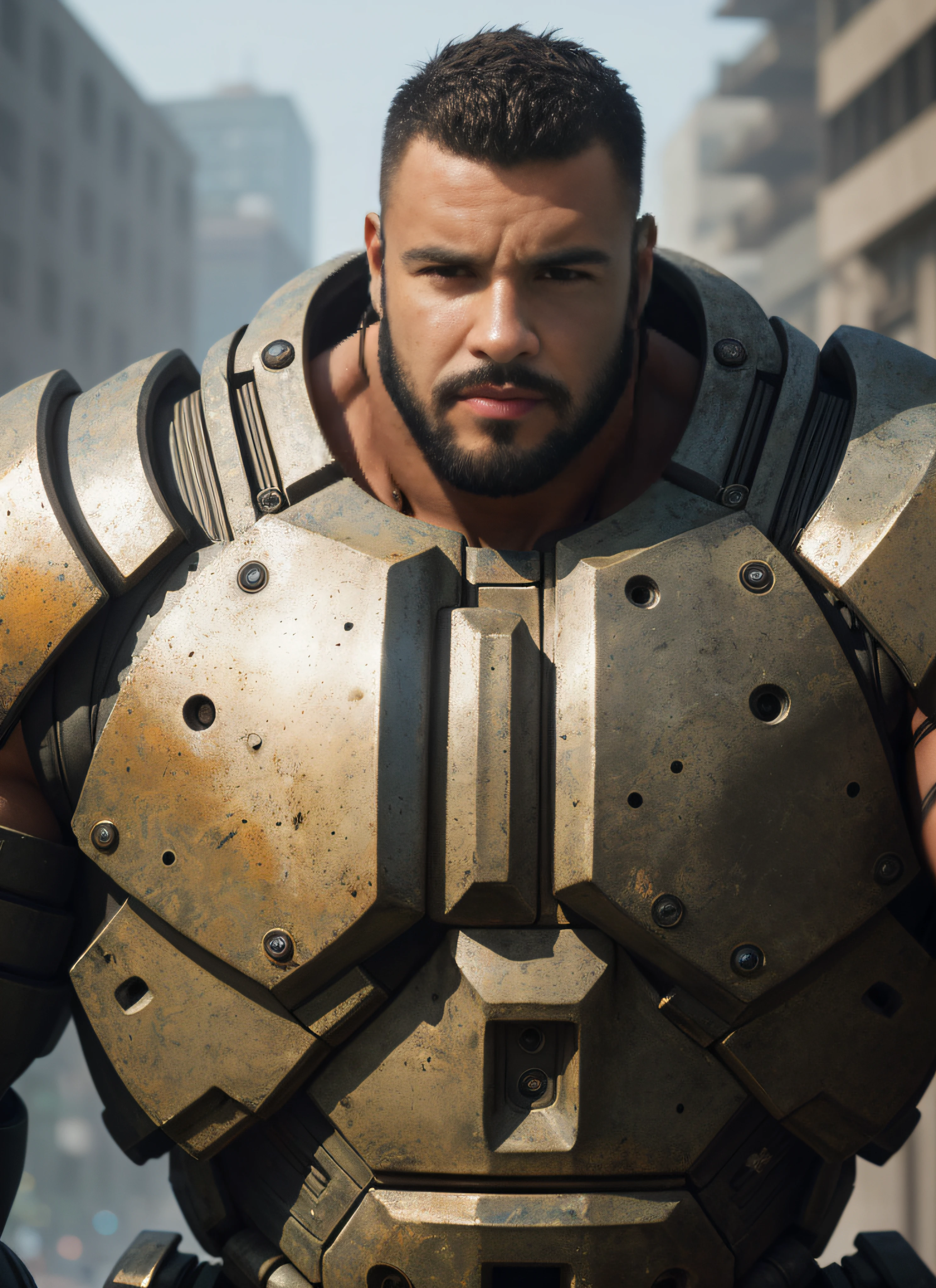 close up Portrait photo of huge (muscular) guy in a mech suit, full body, ((light bokeh)), intricate, (steel metal [rust]), elegant, sharp focus, photo by greg rutkowski, soft lighting, vibrant colors, masterpiece, ((streets)), detailed face