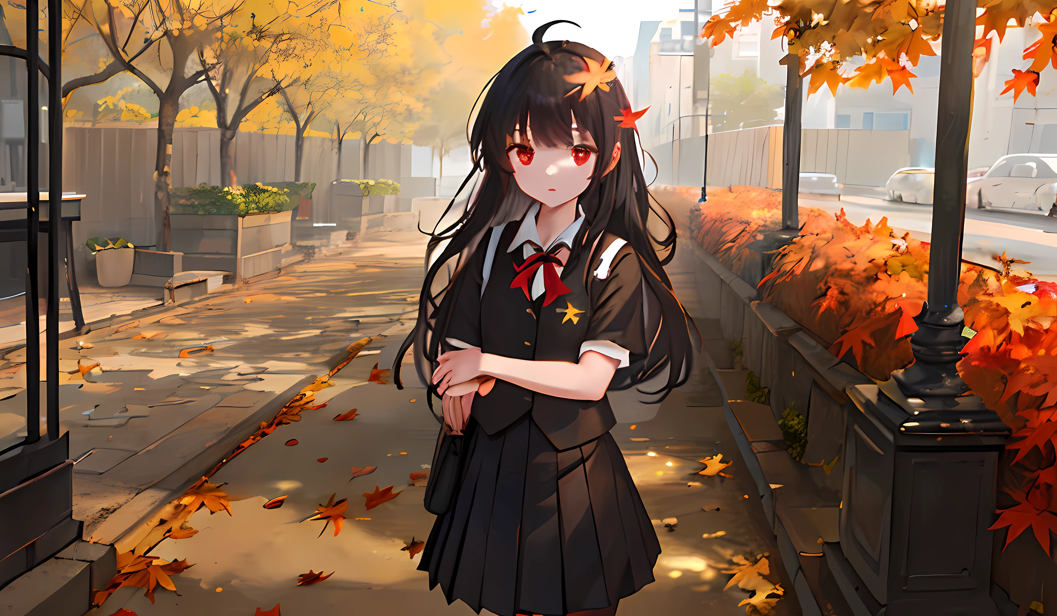 ((Masterpiece,Best quality)),1girll, bangs, Red eyes, The background is blurred out, Black long hair, Dappled sunlight, leafs, (Maple leaves:0.9), Outdoors, Solo, Sunlight, All body，On the streets of fallen leaves，Autumn，Cute，school uniforms