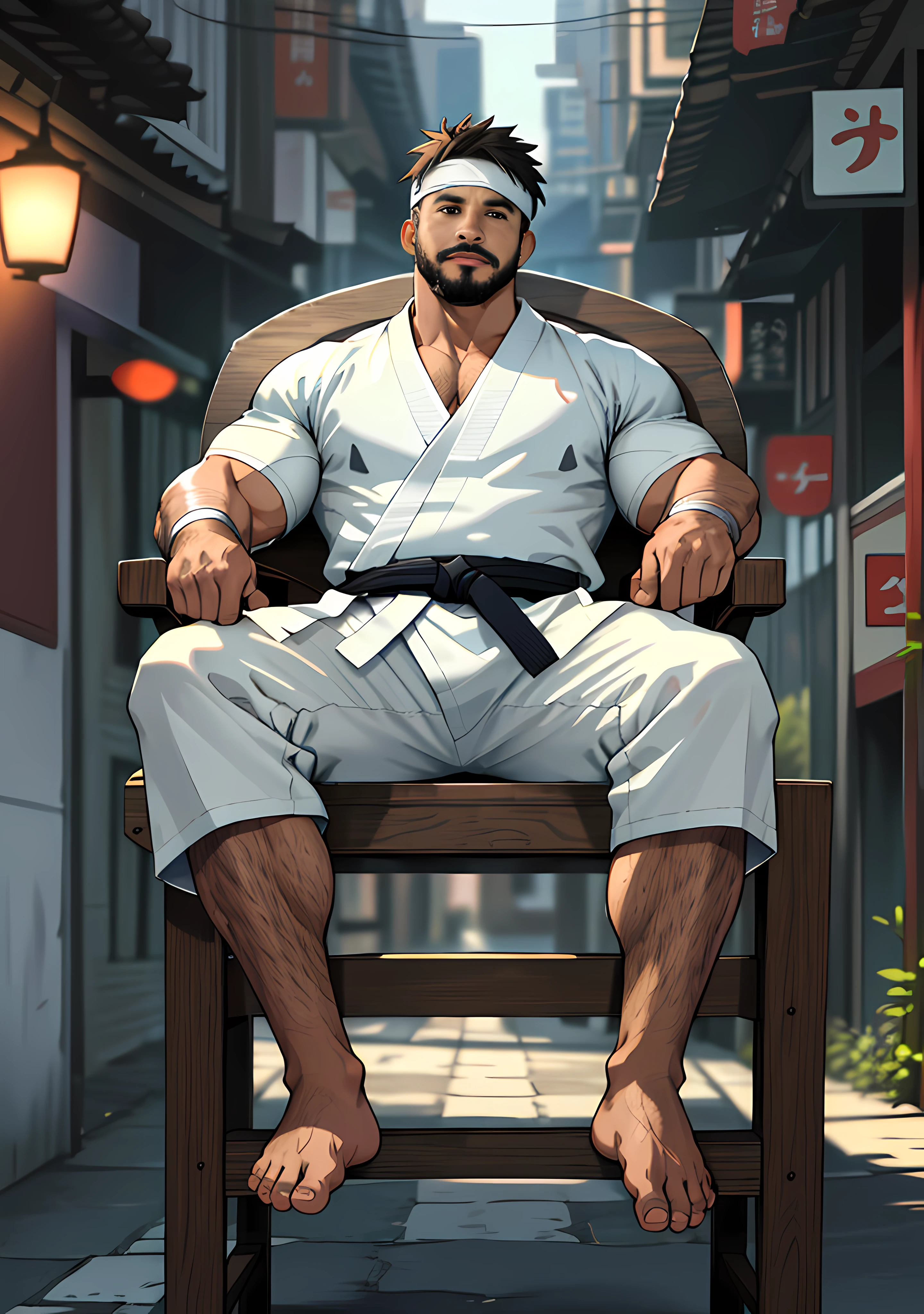 best quality, masterpiece, super high resolution, detailed background, realism, Illustrations, single, 1 boy, street, muscle, volumetric lighting, depth of field, facial hair, ryu, back headband, (white clothes), sitting on chair, black belt, (raised crotch), barefoot