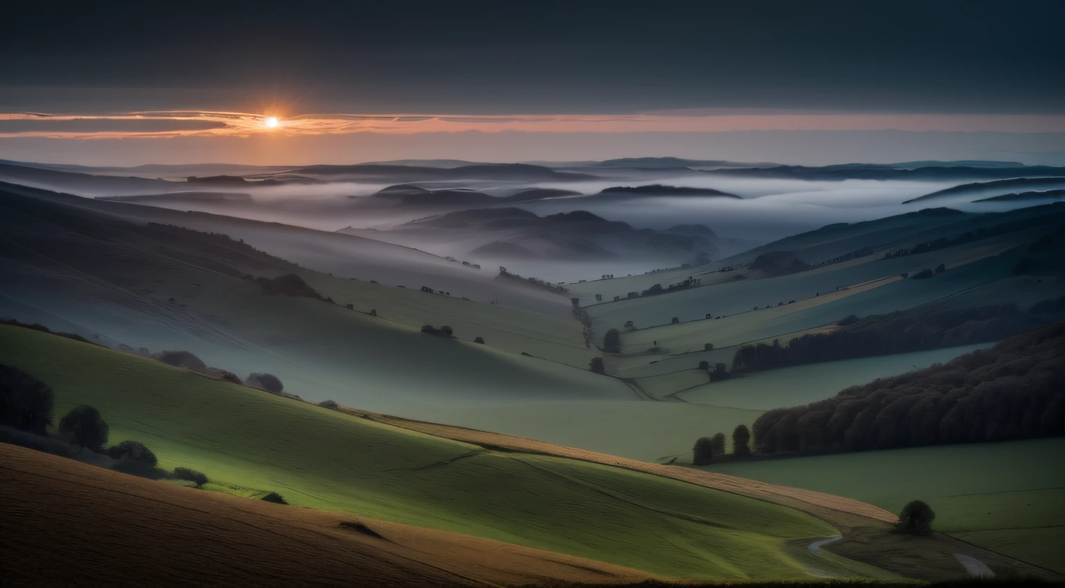 imagine a real photo of a landscape of countryside, farmland, cinematic, hyperrealistic, focused, extreme details, cinematic, it has the appearance of a small valley and you get long and extremely low hills that form a deep horizon, and little fog in some points in a dark and eerie landscape, and an atmosphere of fear pervades the surroundings. The scene should depict an almost dawn night, where the dim and soft light of dawn is starting to filter through the thick fog on the horizon --ar 16:9 --v 5.1 --s 750