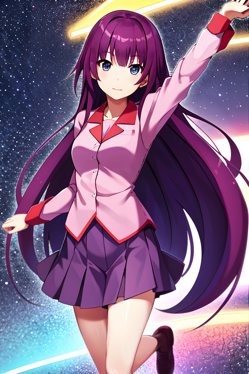 1girll,，Emoji seduction，senjougahara hitagi, Solo, upper legs, Skirt, Long hair, Naoezu High School uniform, Blue eyes, Juliet sleeves, school uniform, Purple hair, shirt, zettai ryouiki, Medium breasts, Very long hair, Purple skirt, Miniskirt，dancing in a night club,Full body photo