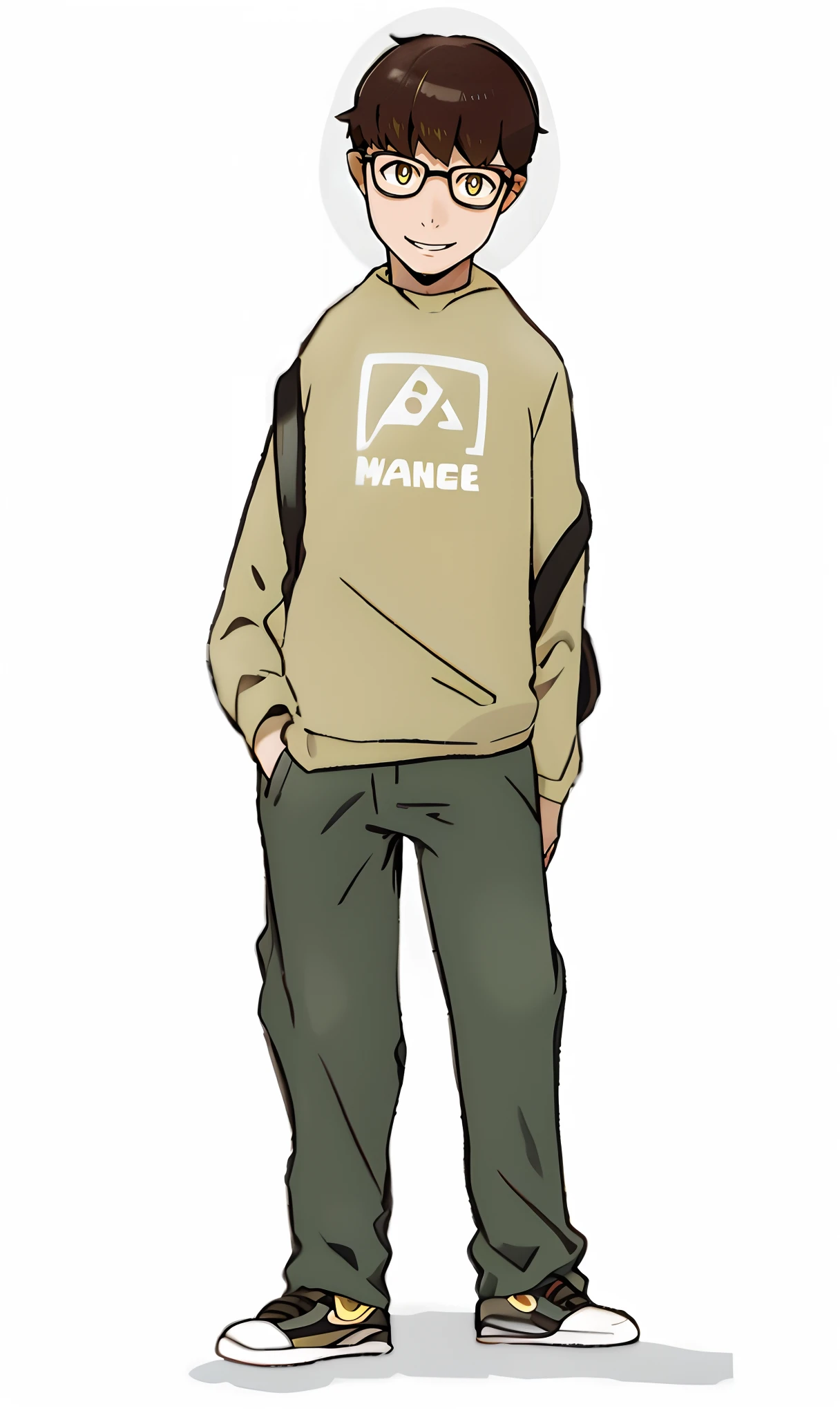 sugimori ken \(Style\), 1boy,Brown hair，Black glasses，Earthy yellow tracksuit，black long pants，White sneakers，Carrying a black backpack，white backgrounid，view the viewer, Nintendo, offcial art, Pokemon, Pokemon \(gaming console\), Pokemon SWSH, Light smile, Pokémon character style，sugimori ken, tart \(Illustrator\), Thighs, Stand next to Pokemon \(organism\)
