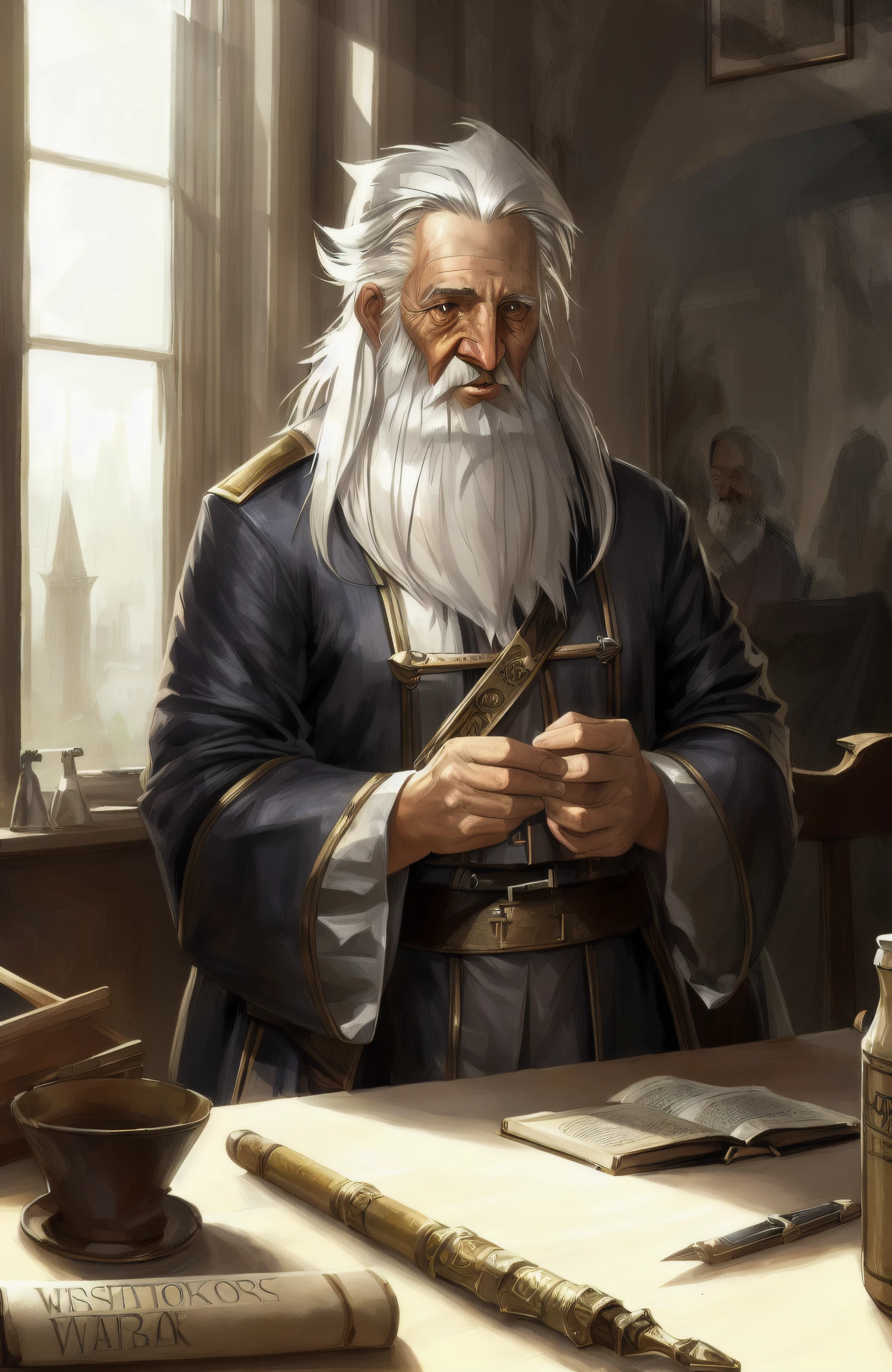 award winning waist up photo of a fantasy wizard, wizard hat, wearing wizard robes, old and wrinkled, long white hair and beard, library, Style-Lab, (painting:1.4) (on a large canvas:1.4), large window in background, fantasy, wonder, amazing, magical tools on table in background, bright wizard office or study, backlighting, bloom, light sparkles, sharp focus, 8k