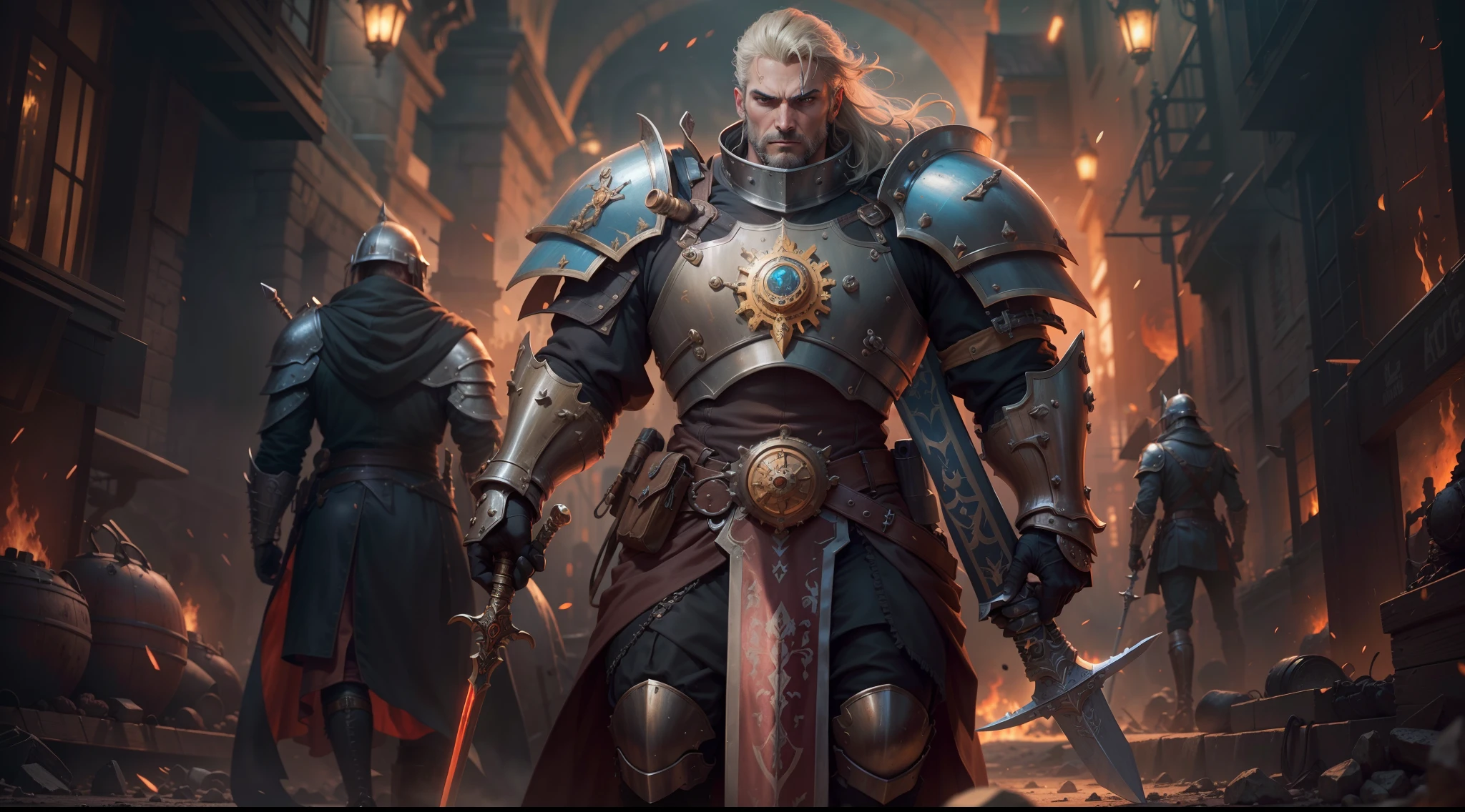 European, One of the king's hands crushed the head of the vanguard who tried to approach him, The two knight rounded to the left when the king was careless, and he stabbed his spear, But the bravery of the squire supported the king with his body. Blonde, tanned skin, cold-looking blue eyes, old face, musclular body, wearing steampunk power steel armor, carry a long sword, steampunk,fantasy steampunk paladin carry a long sword behind waist, masterpiece, best quality, King leading him army into battle, heroic, bright, moody, intense, steampunk knight, realistic shadows, high quality, ultra detailed in 4k, 8k, high resolution, sharp focus, depth of field, faded, (neutral colors:1.2), (hdr:1.4), (muted colors:1.2), hyperdetailed, (artstation:1.4),(perfect hands:1.3) ( mechanism gears, industry technology, automaton, electric sparks cinematic atmosphere. (rutkowski:0.66), (teal and orange:0.4)", steampunk battle city background in a battlefield of blood and fire ((dramatic)), bokeh, gothic, ember particles.