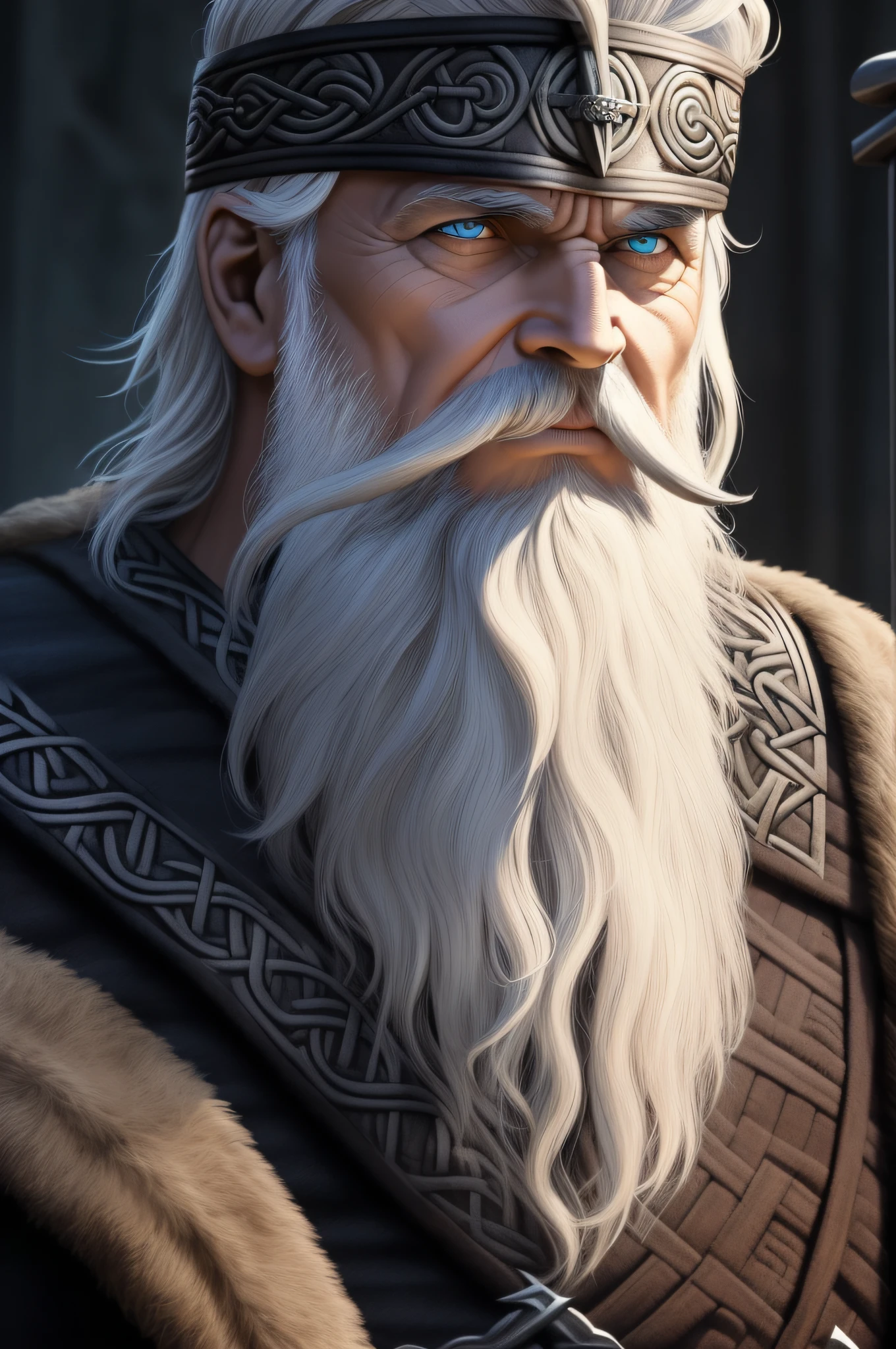 (((Odin velho com cabelo longo cinza e barba longa cinza))), olho esquerdo preto, armadura viking piedosa, retrato 8k, Detalhes altos