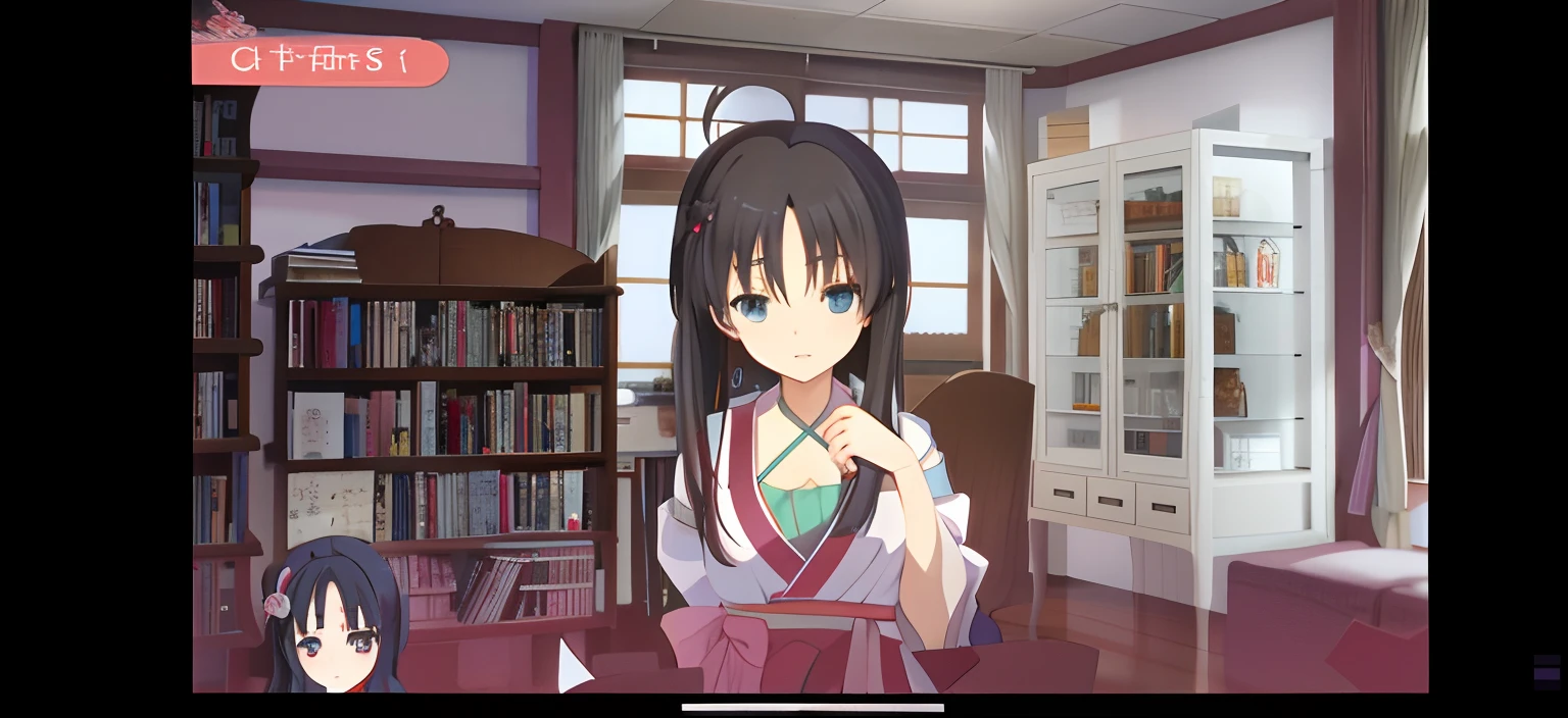 Anime girl in room with bookcase and bookcase, visual novels CG, visual novel, ; visual novel, anime moe art style, anime style like fate/stay night, 8K!!, shikamimi, hololive, reimu hakurei, close up iwakura lain, hanayamata, iwakura lain