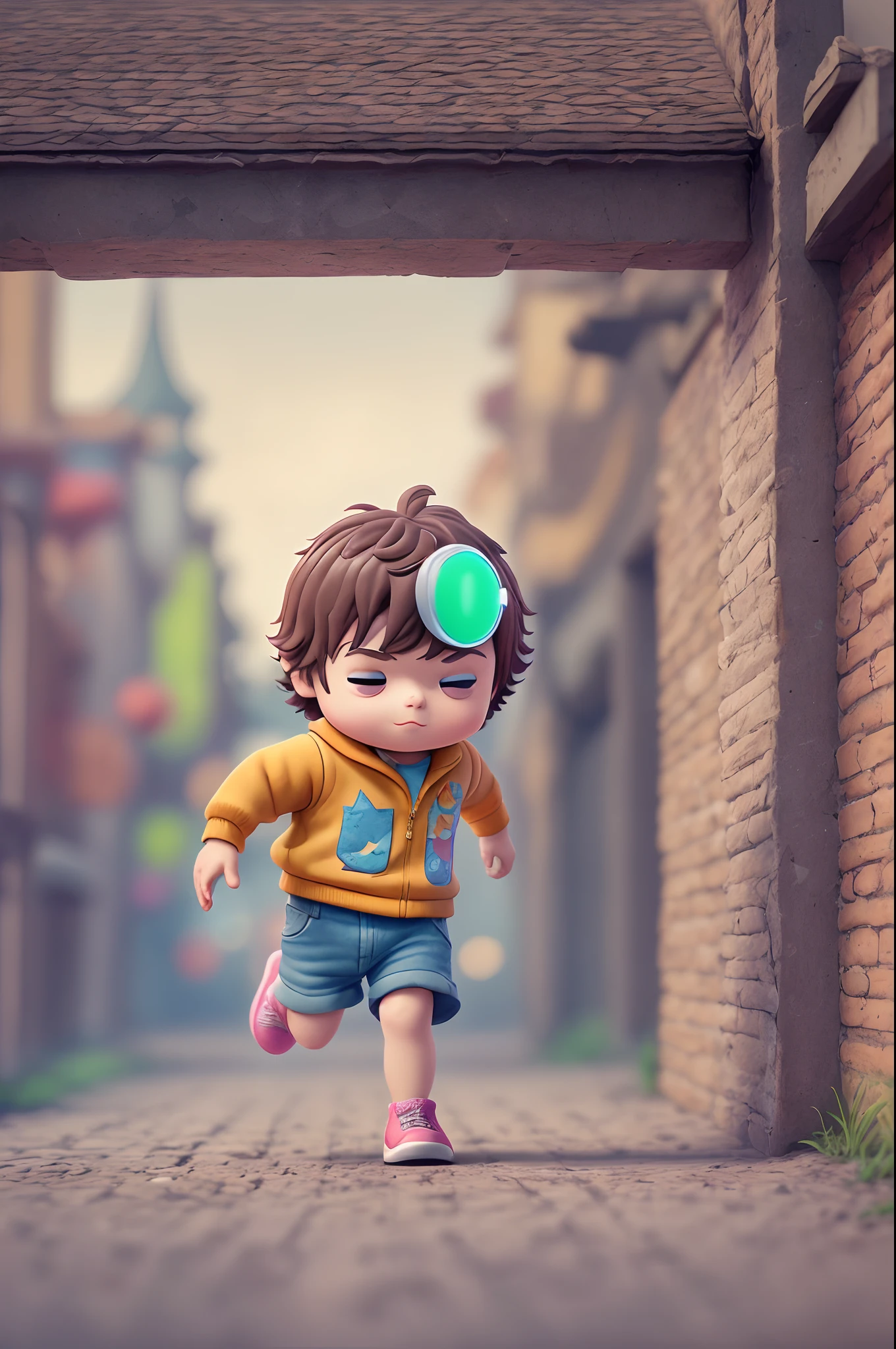 front view, A little cute boy is running in a fairytale world, Blind box, Popmart ip, Disney style, Pixar style, 3D, C4D, candy color, neon palette style, realistic, light background, Oc rendering , soft focus, soft light, high saturation, 8K, hdr, masterpiece, super detail --auto --s2