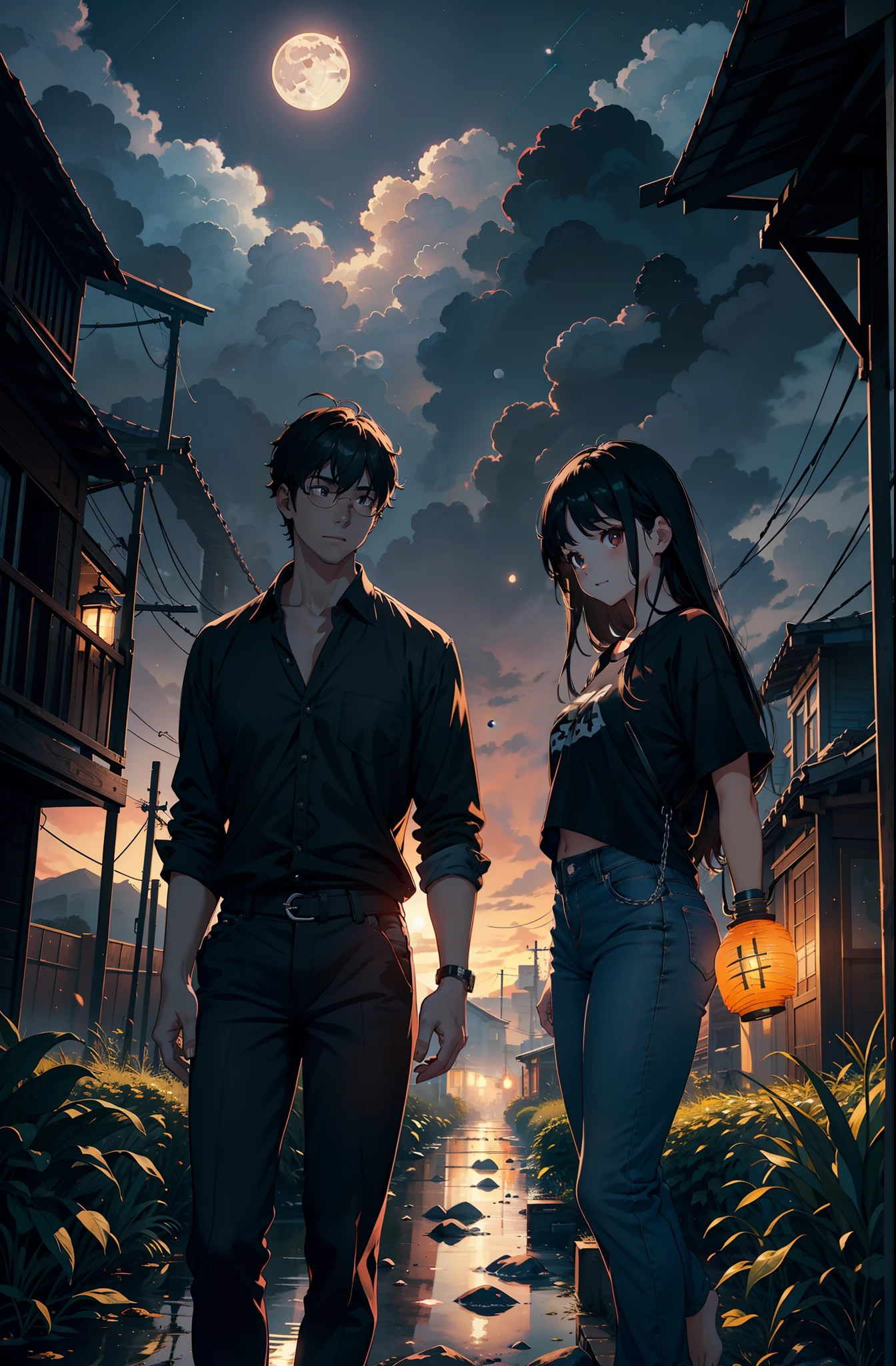 One girl, happy, moon, 24-years, lantern, night, ground, Wide black t-shirt with black chain, jeans, Slightly chubby, nose is small, not too pointed, long hair, slightly wavy, boobs big, brown hair without bangs