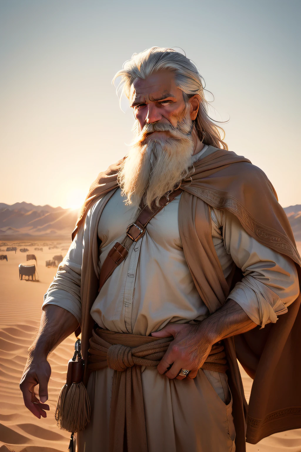 imagine a scene in the desert, where Abraham, a robust-looking man aged by hard work, stands in the blazing sun. His beard and naturally gray hair blow softly in the wind as the golden sunlight highlights every strand. His skin, weathered by long journeys outdoors, reflects the life he has led. His eyes, full of wisdom and compassion, shine with a deep connection to the divine. He raises his calloused hands in a gesture of reverence, feeling the presence of God in the vast desert around him. Simple tents dot the landscape, while the herd of sheep grazing nearby hints at the nomadic life Abraham led. Earthy, warm colors envelop your clothes, blending in with the sandy backdrop. The scene exudes respect, leadership and a spirituality that spans the centuries."masterpiece, best quality, high quality, extremely detailed 8k wallpaper by CG unit, award-winning photography, Bokeh, depth of field, HDR, bloom, chromatic aberration , photorealistic, extremely detailed, trending on artstation, trending on CGsociety, intricate, high detail, dramatic, mid-journey art