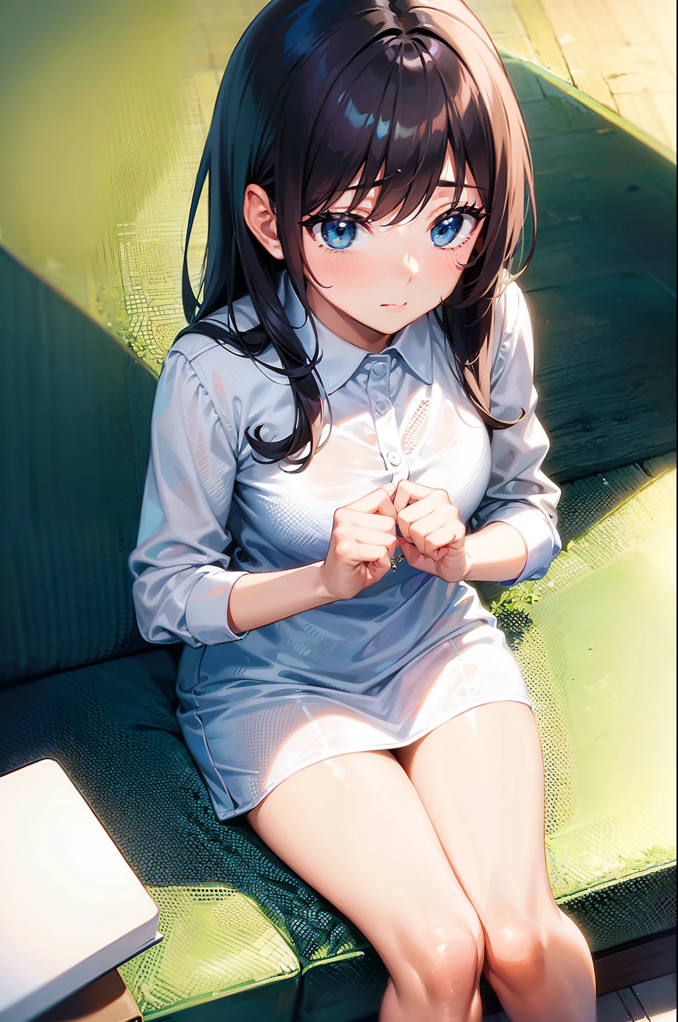 1 girl, making a confession, (holding a white stationary), ashamed, looking at viewer, from above