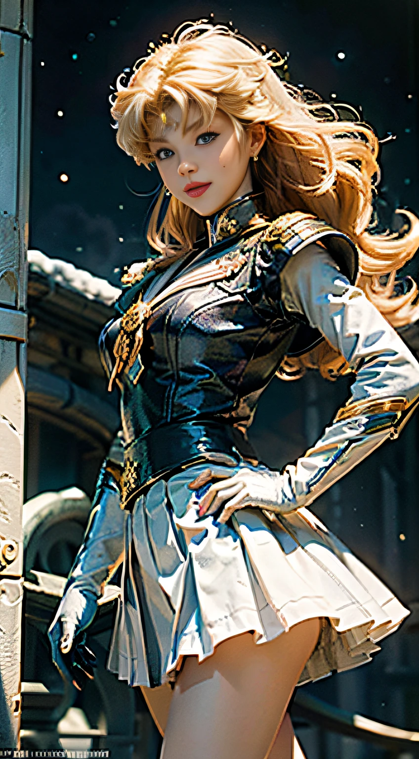 (Extreme detail CG Unity 8K wallpaper, masterpiece, highest quality), (exquisite lighting and shadow, highly dramatic picture, cinematic lens effect), (Sailor Moon: 1.1), charming smile, double tail, blue eyes, blond hair, tight top, white gloves, mini skirt, dynamic pose), the background is the universe (excellent detail, excellent lighting, wide angle), (excellent rendering, enough to stand out in its class),